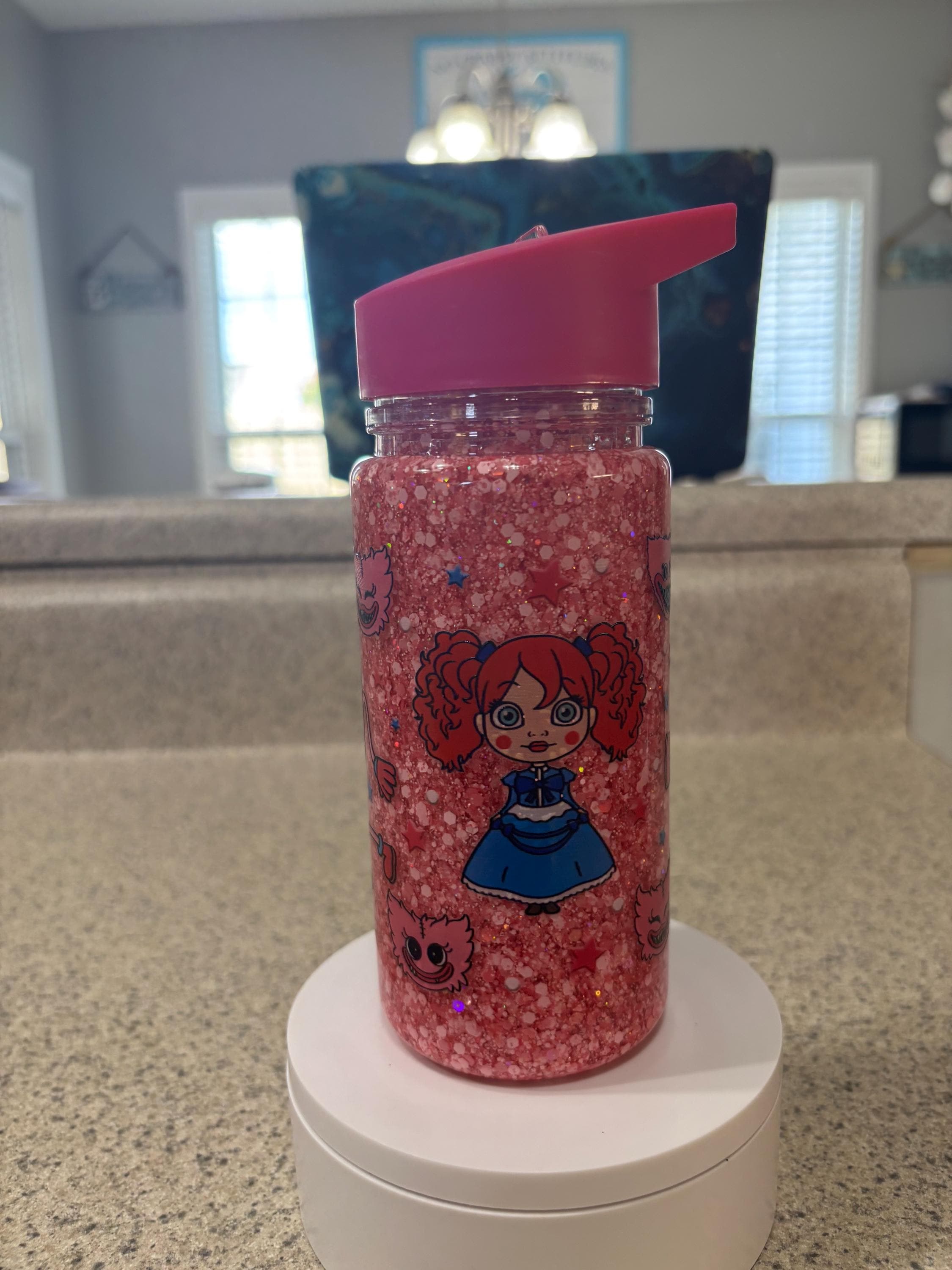 Kids Snow Globe Tumbler 10oz, Cartoon Monster Flip Top Cup, Toddler Waterfall Tumbler, Handmade Acrylic Kids Drink Cup