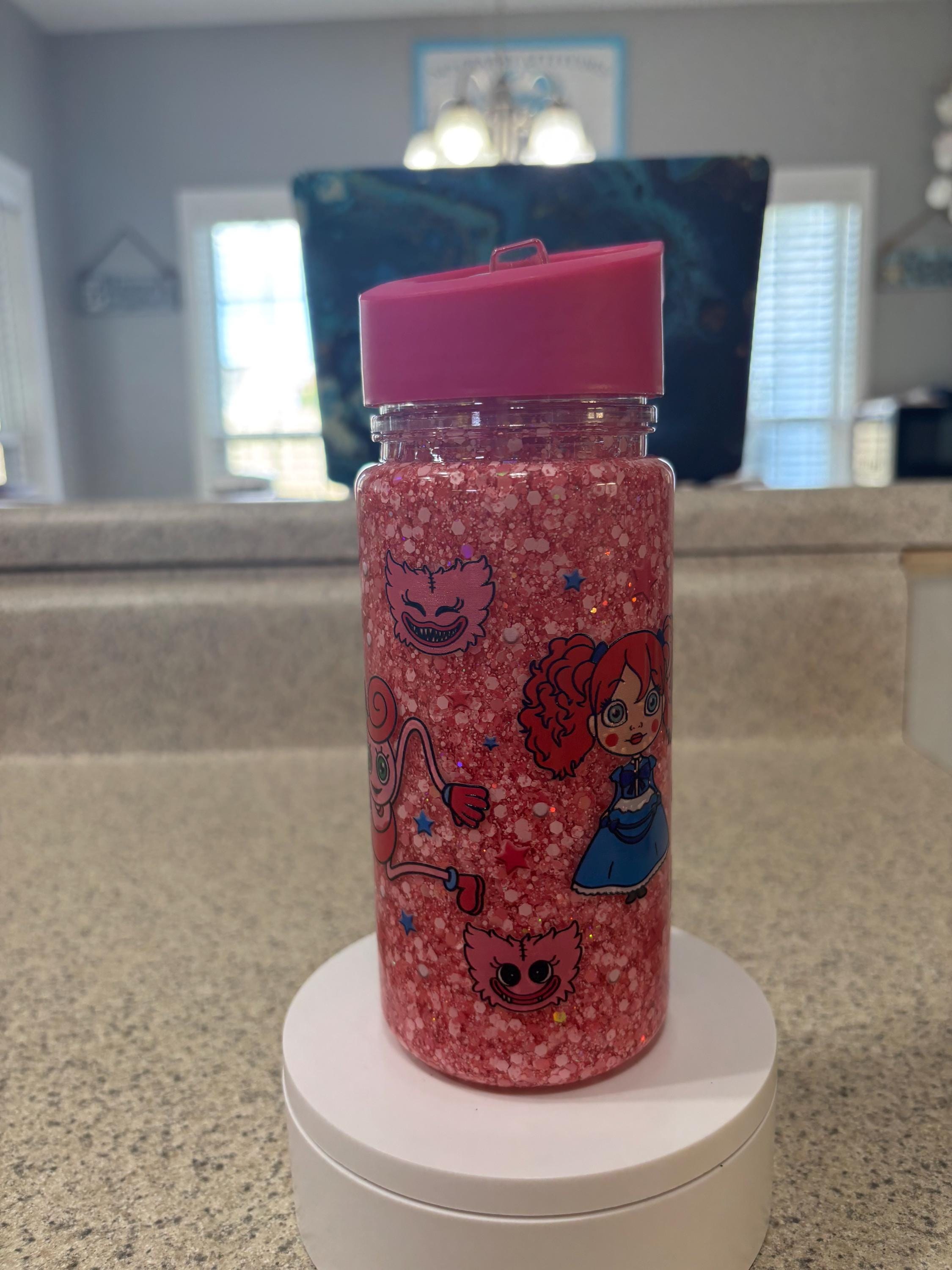 Kids Snow Globe Tumbler 10oz, Cartoon Monster Flip Top Cup, Toddler Waterfall Tumbler, Handmade Acrylic Kids Drink Cup
