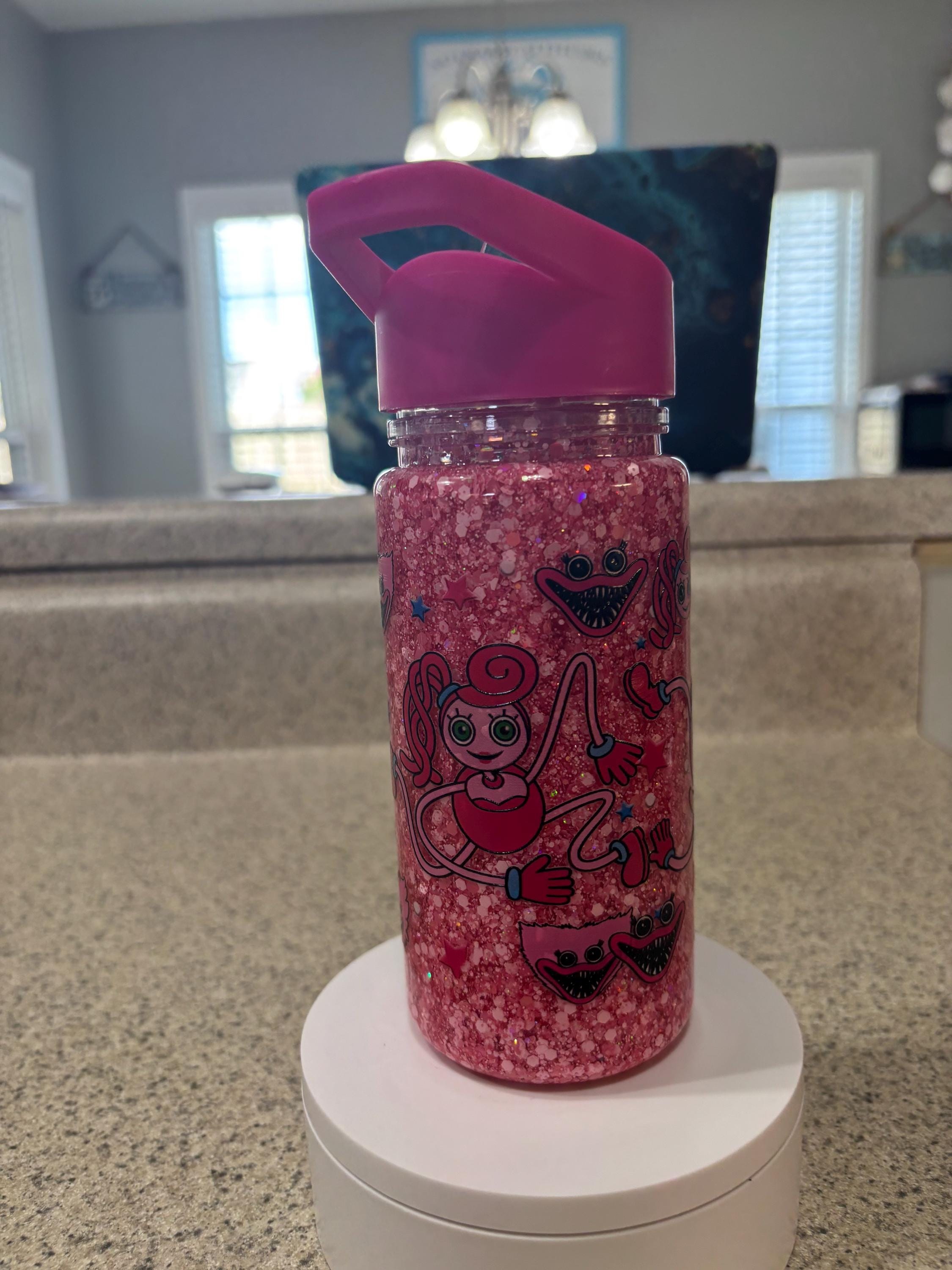 Kids Snow Globe Tumbler 10oz, Cartoon Monster Flip Top Cup, Toddler Waterfall Tumbler, Handmade Acrylic Kids Drink Cup