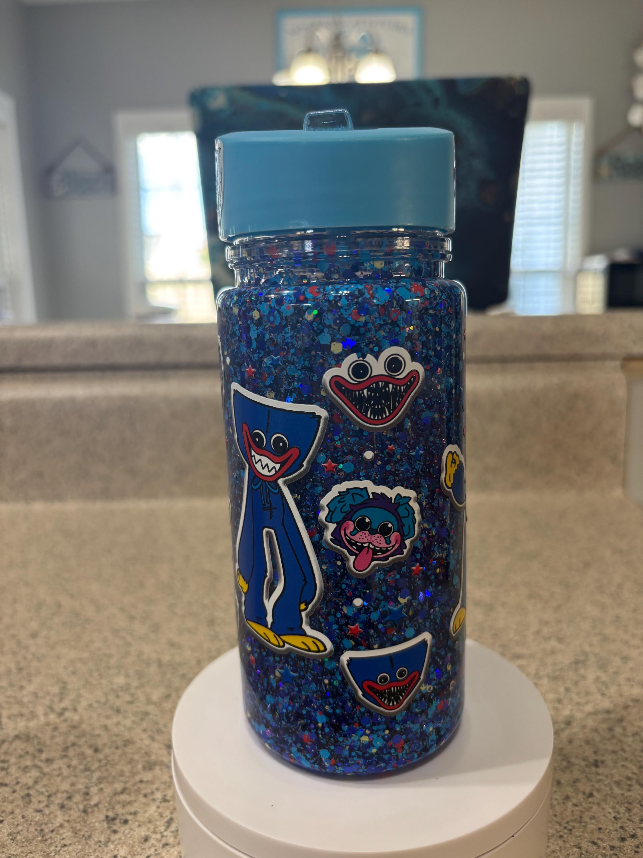 Kids Monster Snow Globe Tumbler 12oz, Blue Cartoon Flip Top Cup, Toddler Waterfall Drink Cup, Handmade Acrylic Kids Tumbler