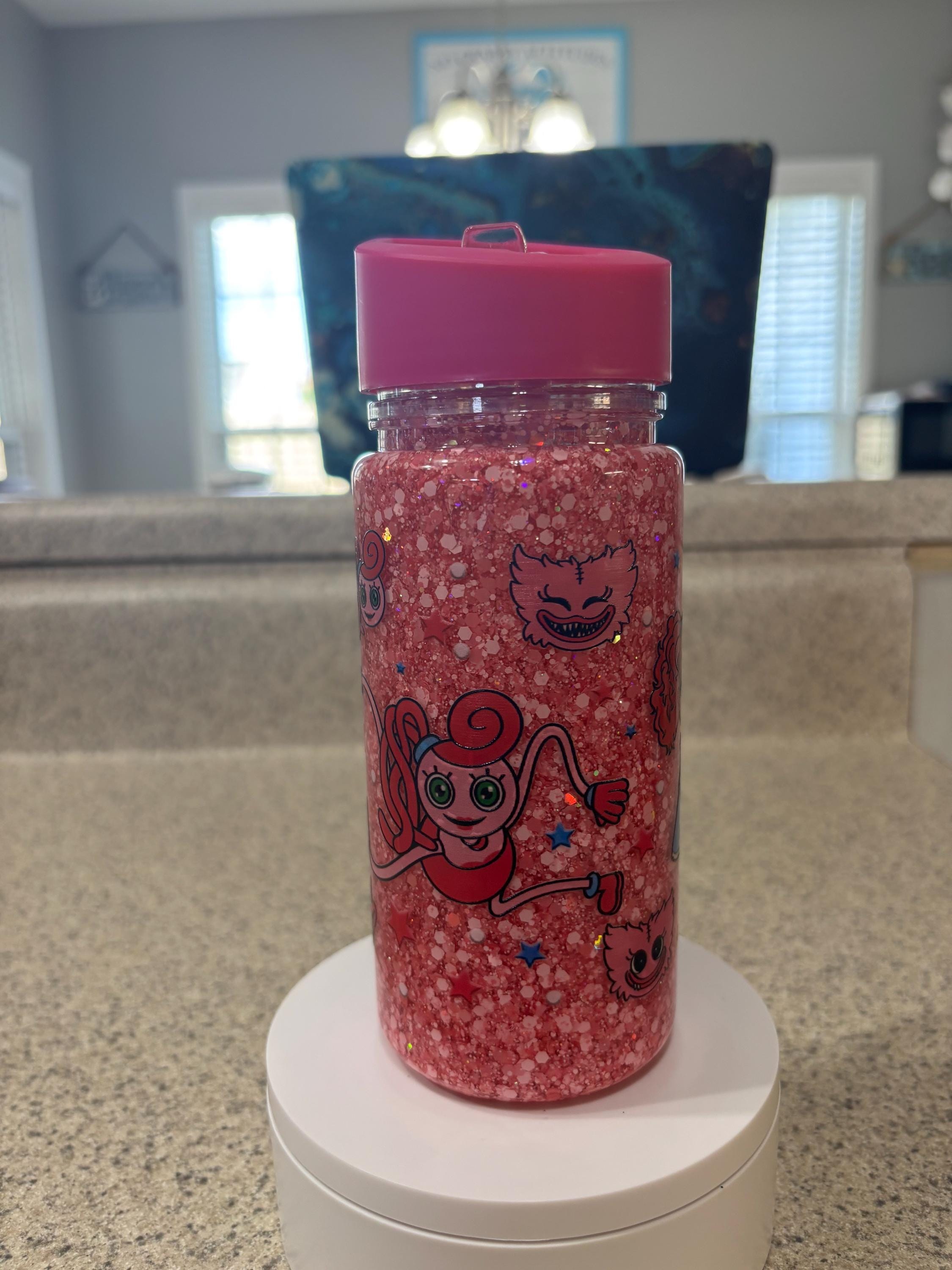 Kids Snow Globe Tumbler 10oz, Cartoon Monster Flip Top Cup, Toddler Waterfall Tumbler, Handmade Acrylic Kids Drink Cup