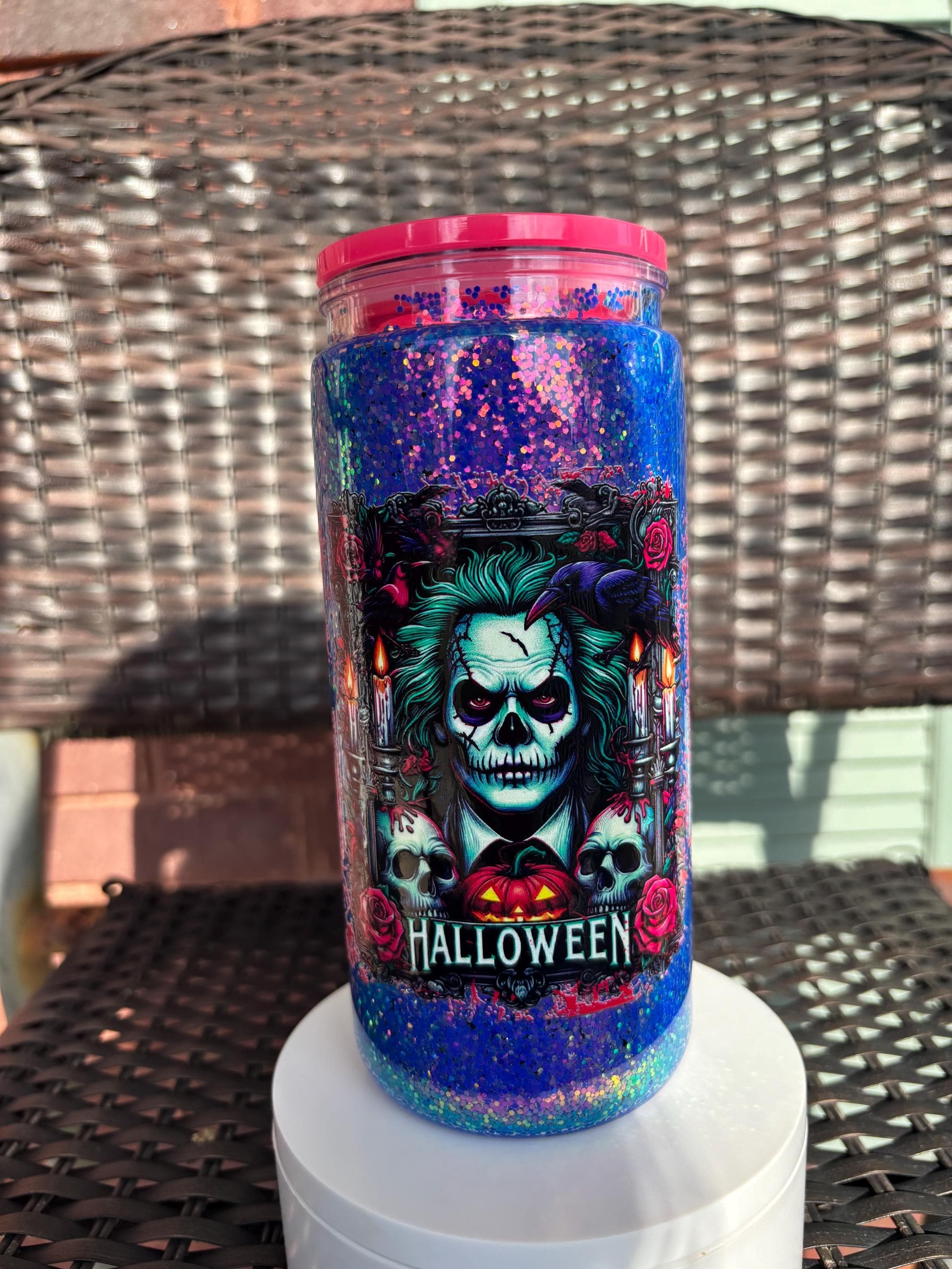 Beetlejuice Raven Snow Globe Tumbler | 20oz Handmade Character Cup | Halloween Gift