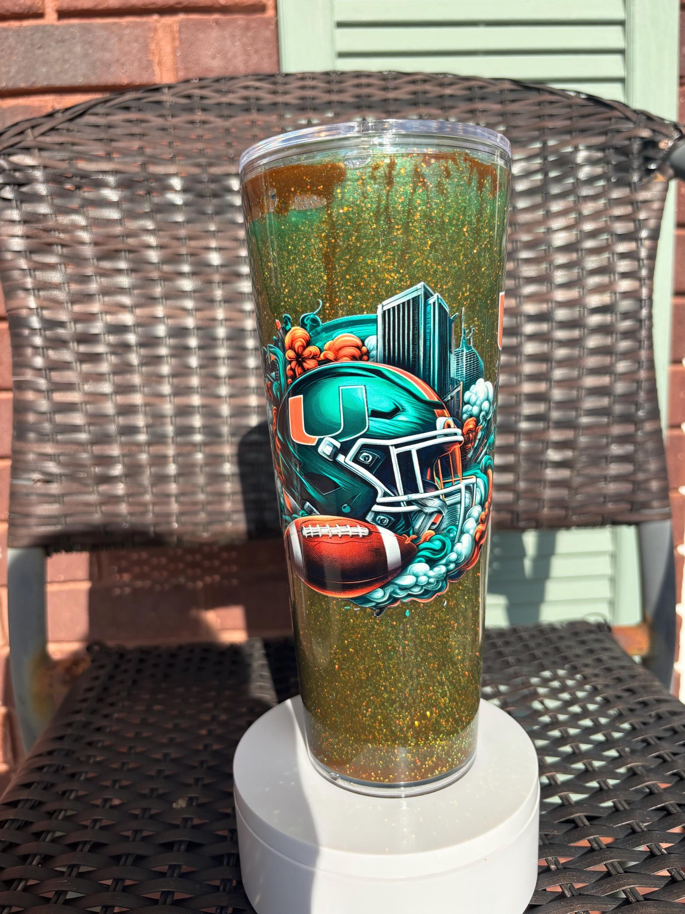 Miami Hurricanes Snow Globe Tumbler | 24oz Handmade Glitter Shaker Cup | Game Day Gift