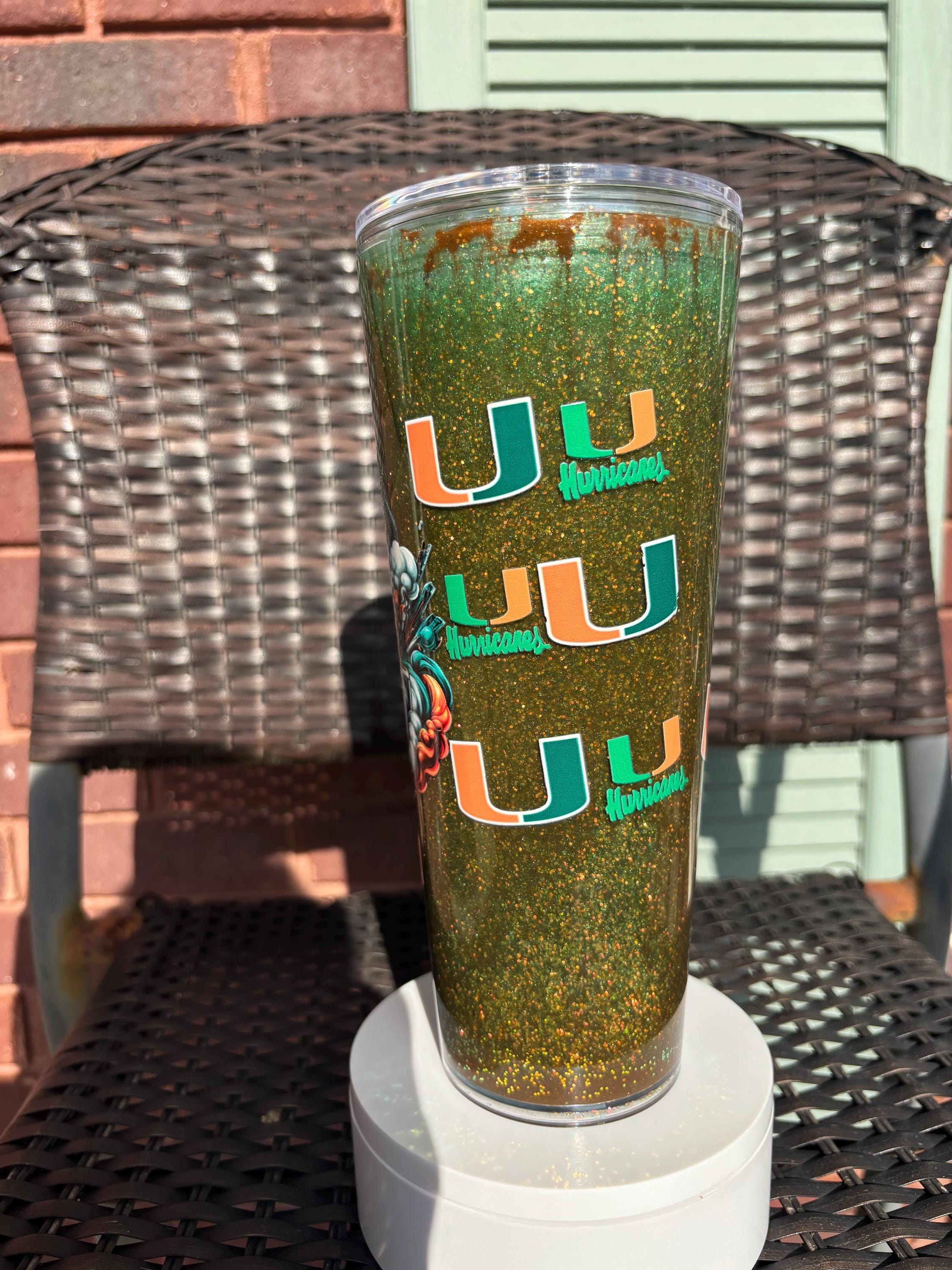 Miami Hurricanes Snow Globe Tumbler | 24oz Handmade Glitter Shaker Cup | Game Day Gift