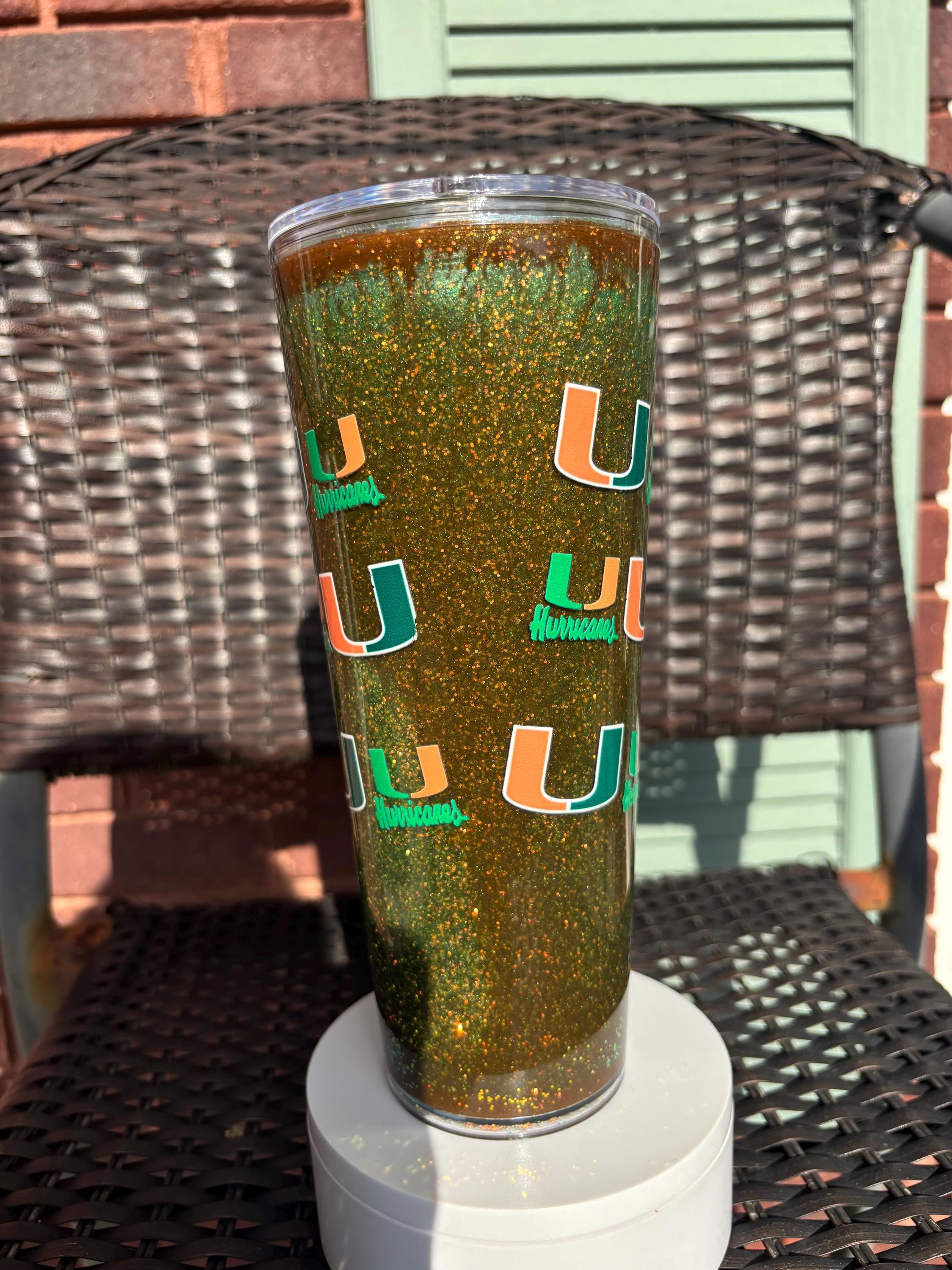 Miami Hurricanes Snow Globe Tumbler | 24oz Handmade Glitter Shaker Cup | Game Day Gift