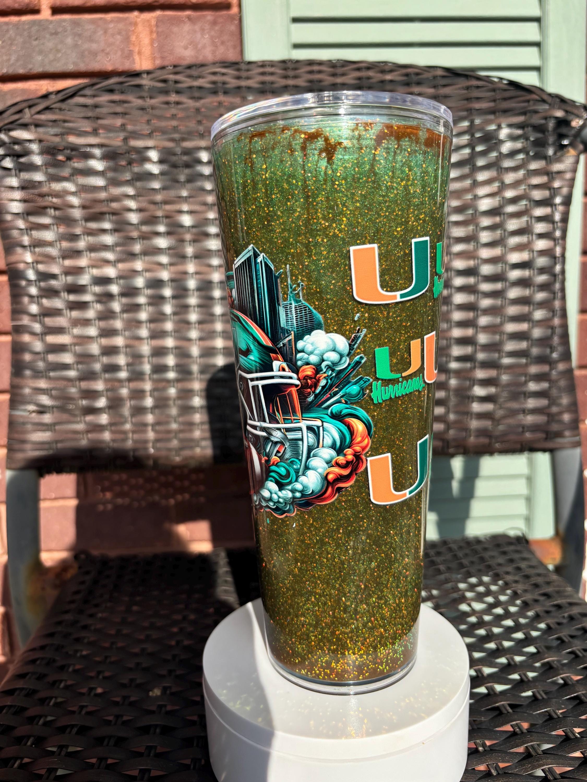 Miami Hurricanes Snow Globe Tumbler | 24oz Handmade Glitter Shaker Cup | Game Day Gift