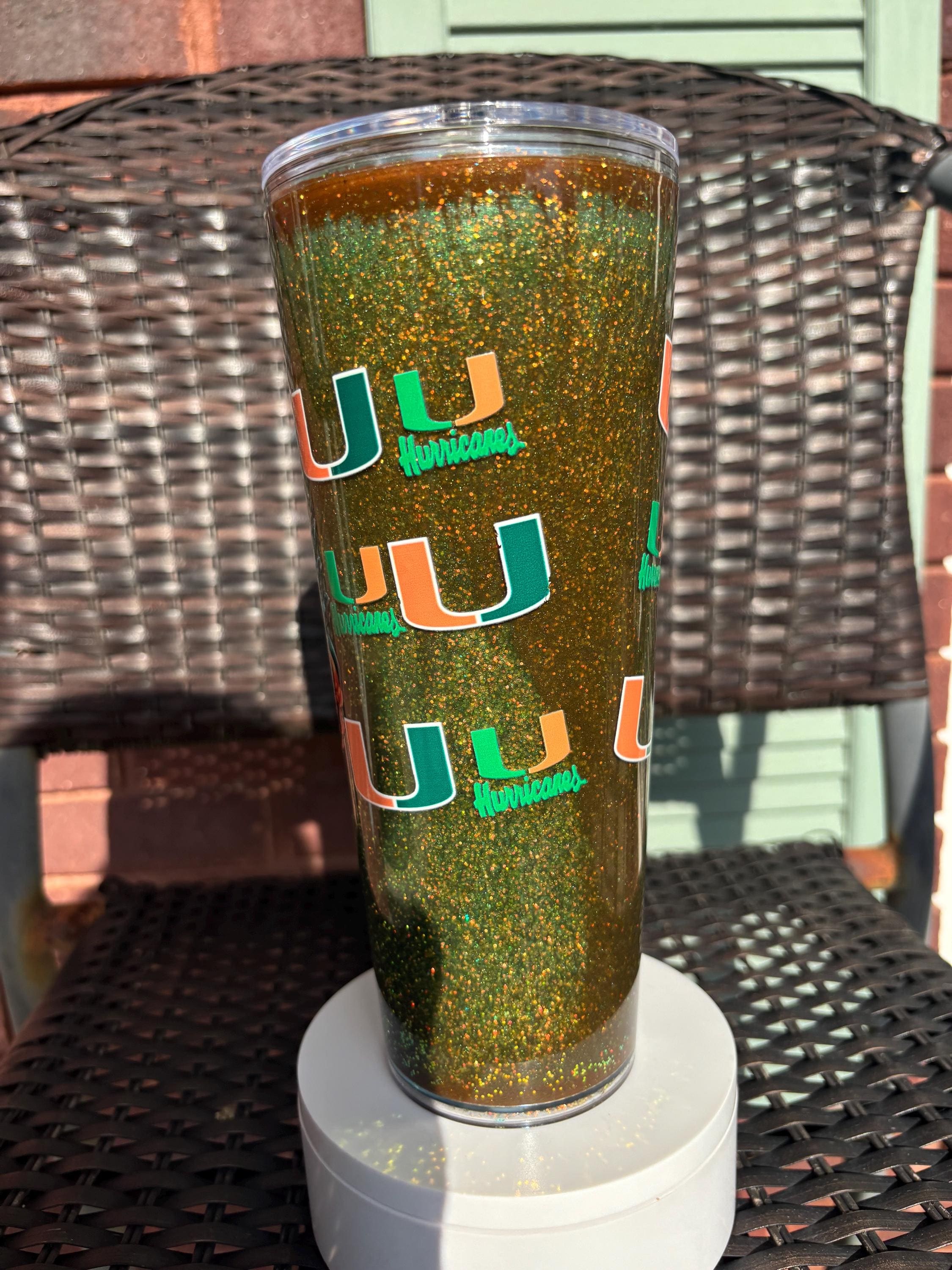 Miami Hurricanes Snow Globe Tumbler | 24oz Handmade Glitter Shaker Cup | Game Day Gift