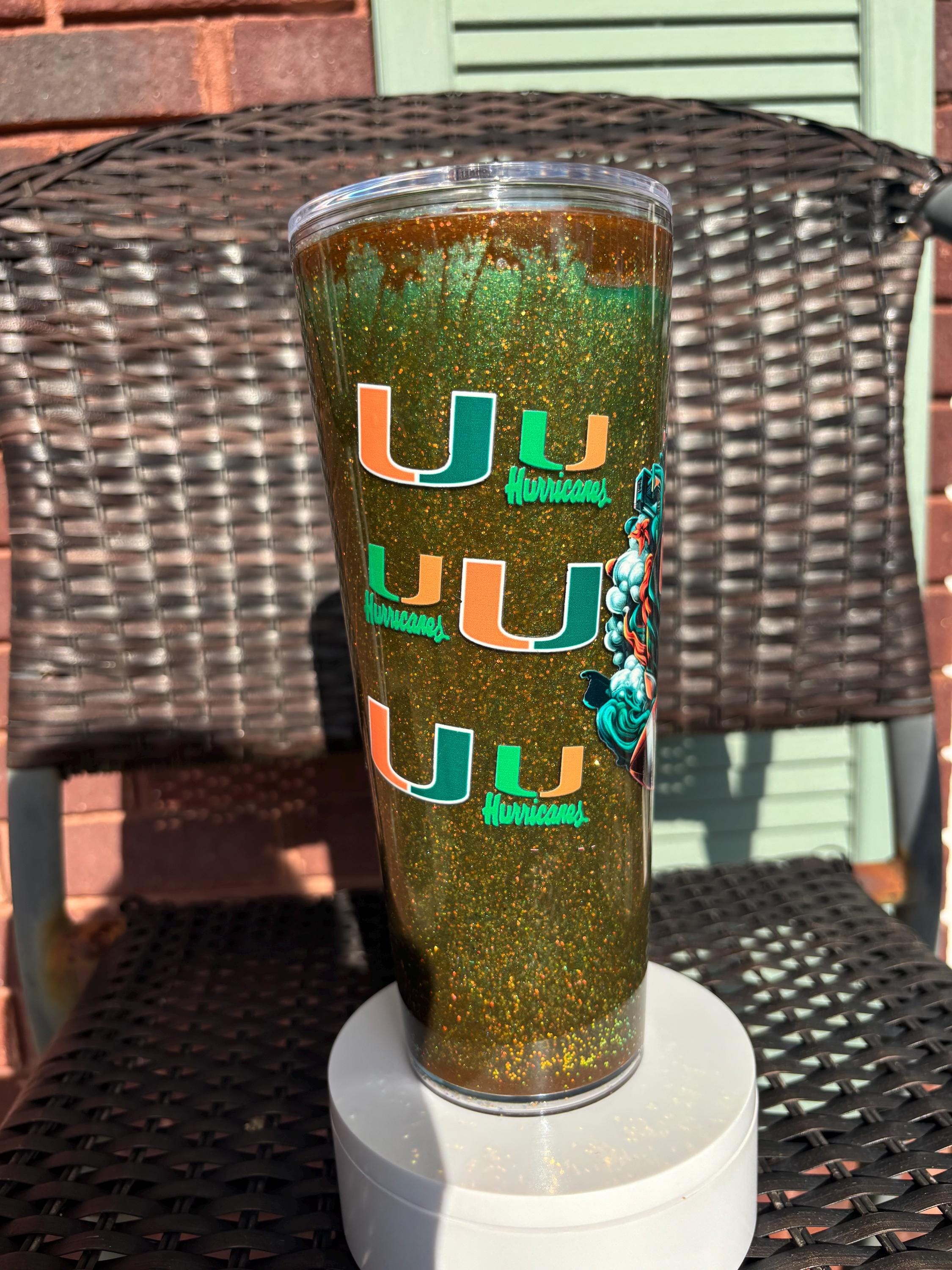 Miami Hurricanes Snow Globe Tumbler | 24oz Handmade Glitter Shaker Cup | Game Day Gift