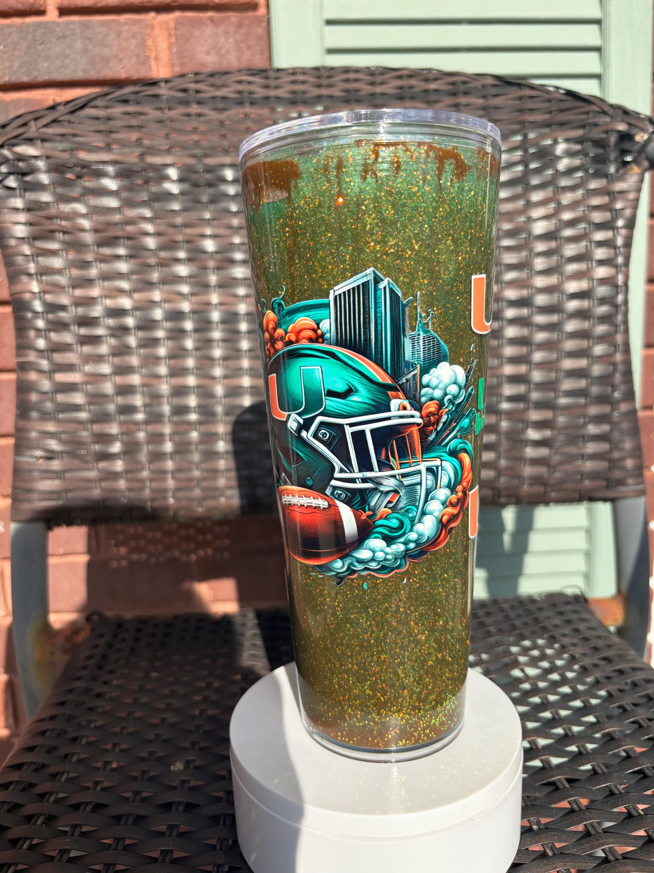 Miami Hurricanes Snow Globe Tumbler | 24oz Handmade Glitter Shaker Cup | Game Day Gift