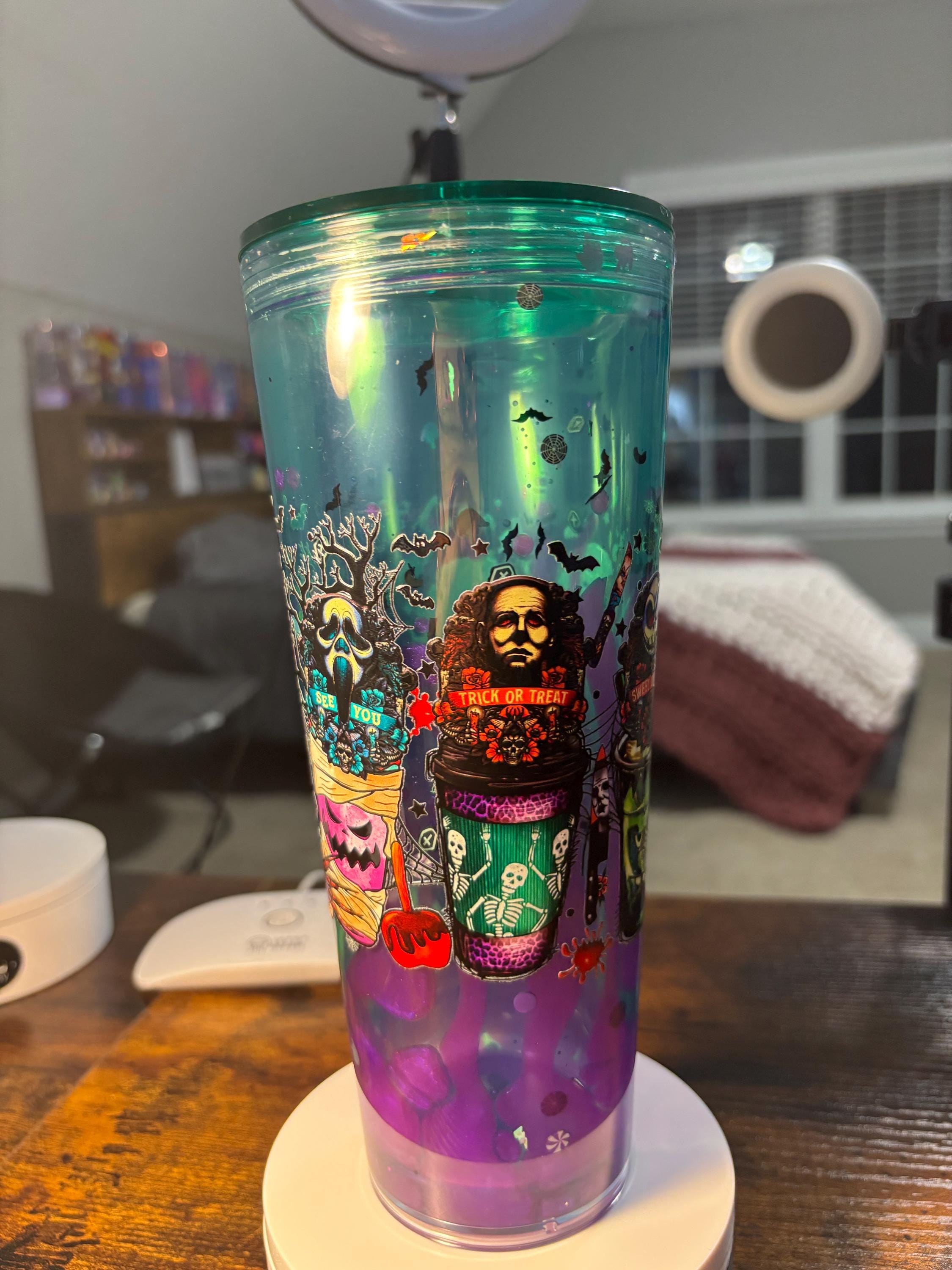 Halloween Coffee Latte Snow Globe Tumbler | 24oz Lava Glitter Cup | Fall Coffee Lover Gift