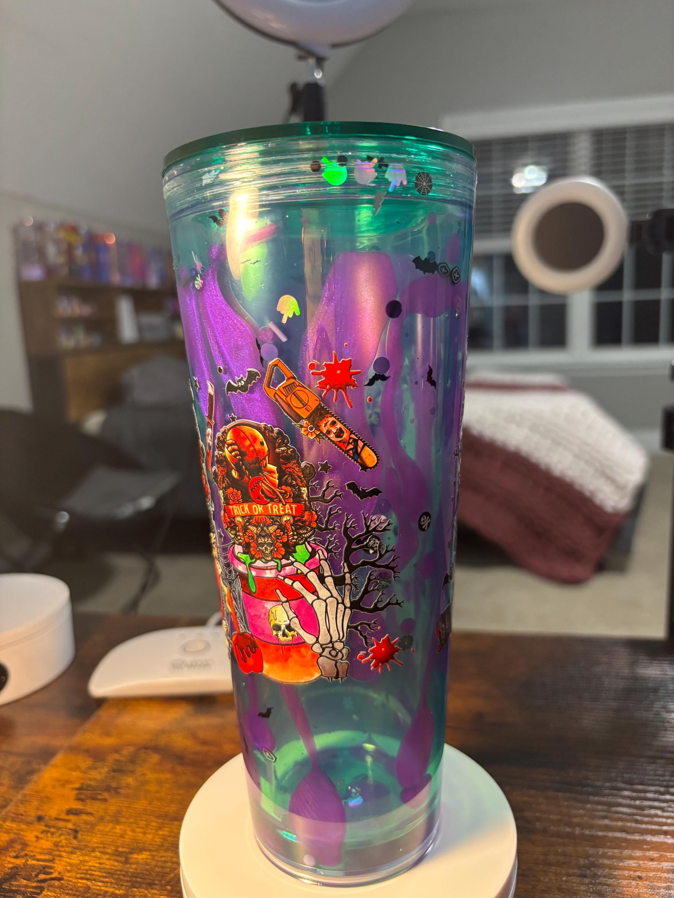 Halloween Coffee Latte Snow Globe Tumbler | 24oz Lava Glitter Cup | Fall Coffee Lover Gift