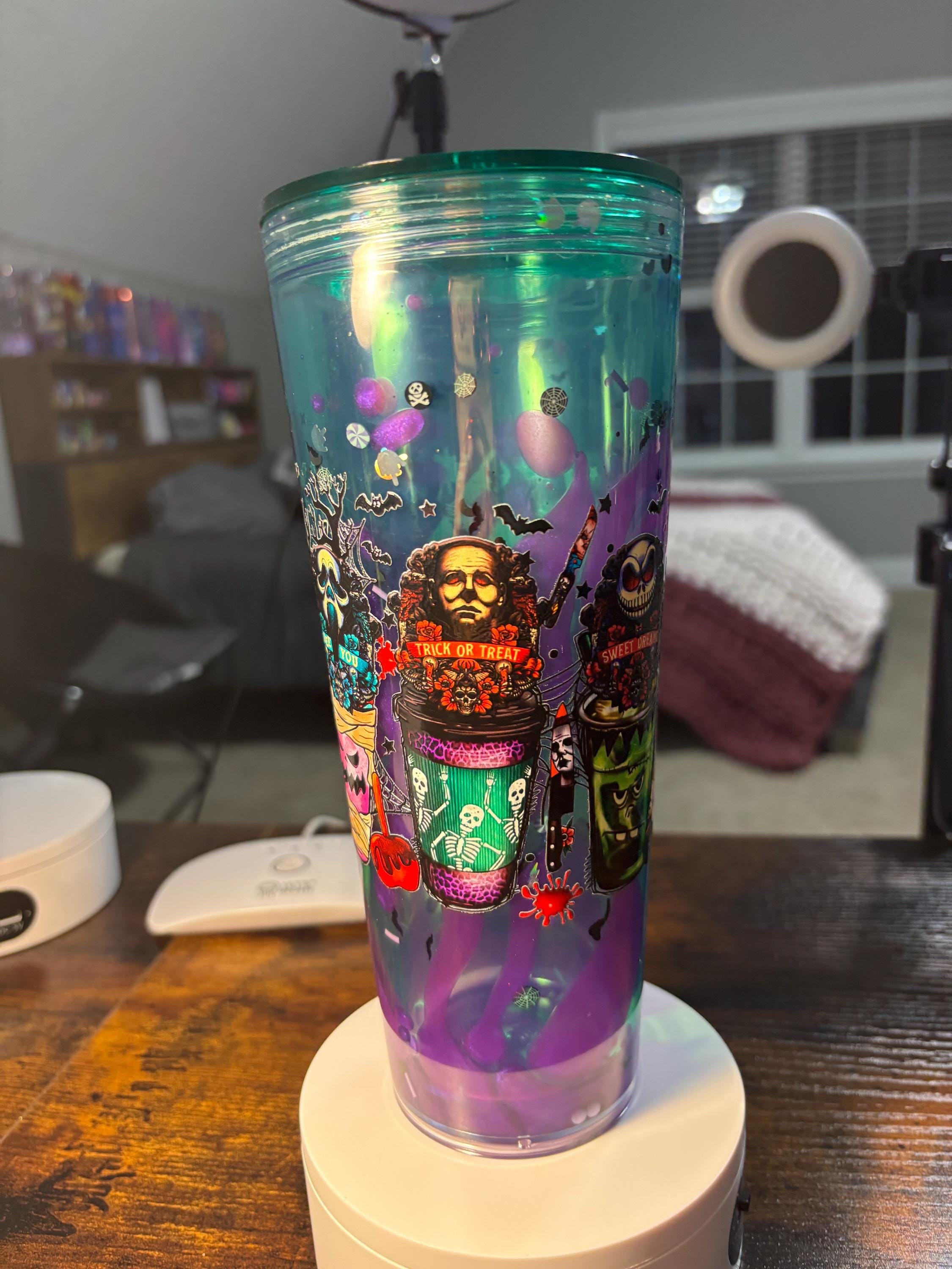 Halloween Coffee Latte Snow Globe Tumbler | 24oz Lava Glitter Cup | Fall Coffee Lover Gift