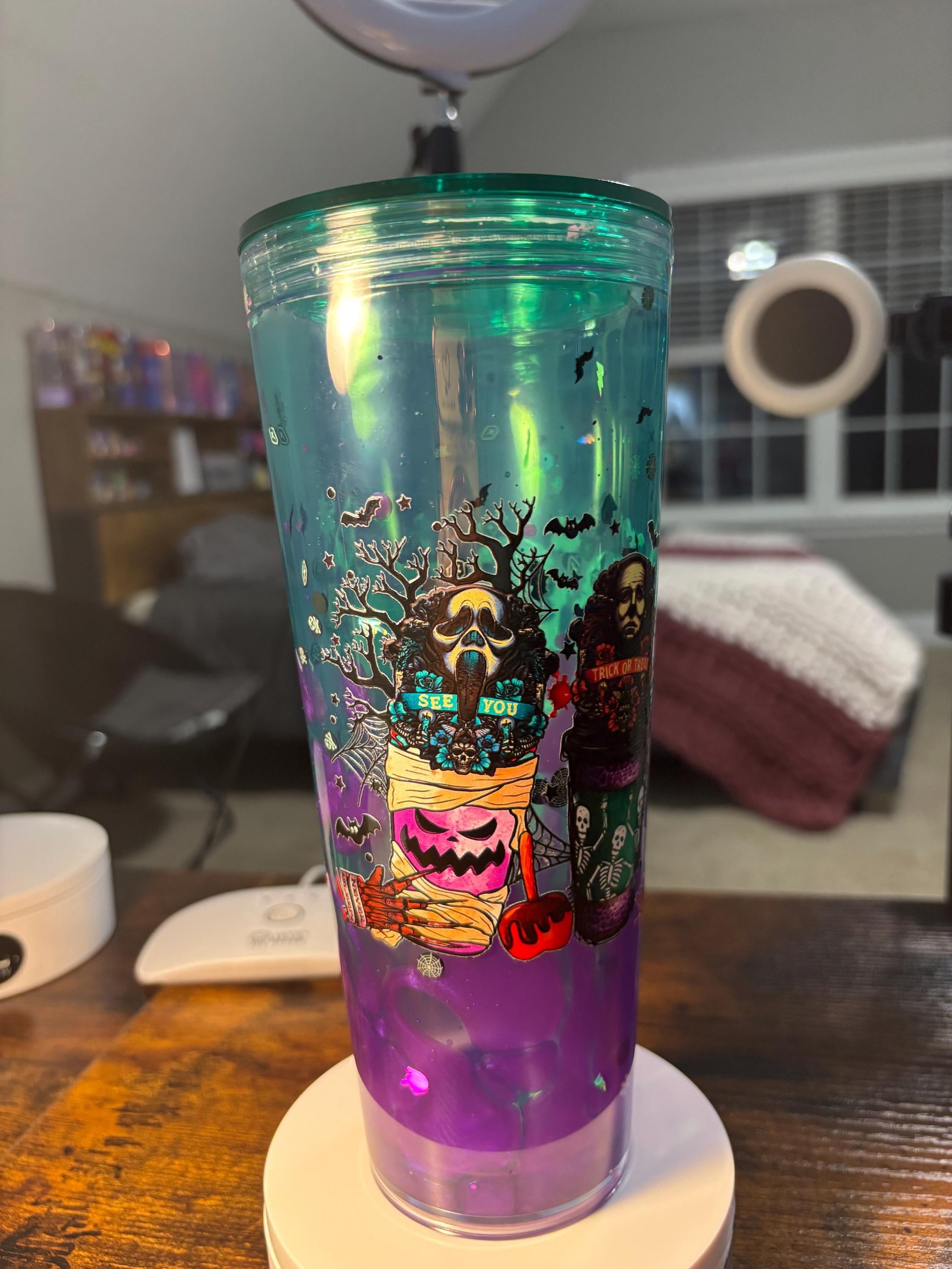 Halloween Coffee Latte Snow Globe Tumbler | 24oz Lava Glitter Cup | Fall Coffee Lover Gift