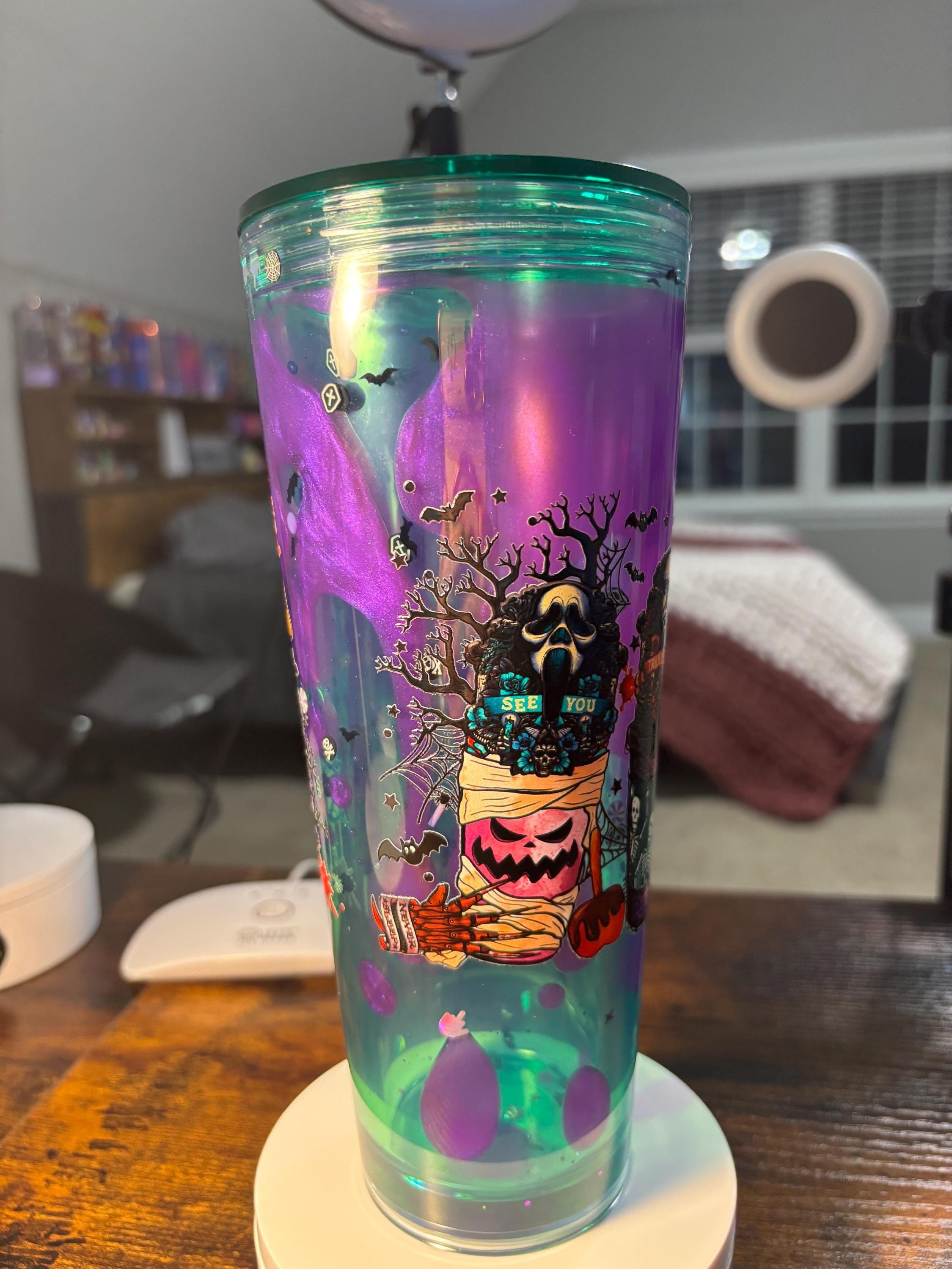 Halloween Coffee Latte Snow Globe Tumbler | 24oz Lava Glitter Cup | Fall Coffee Lover Gift