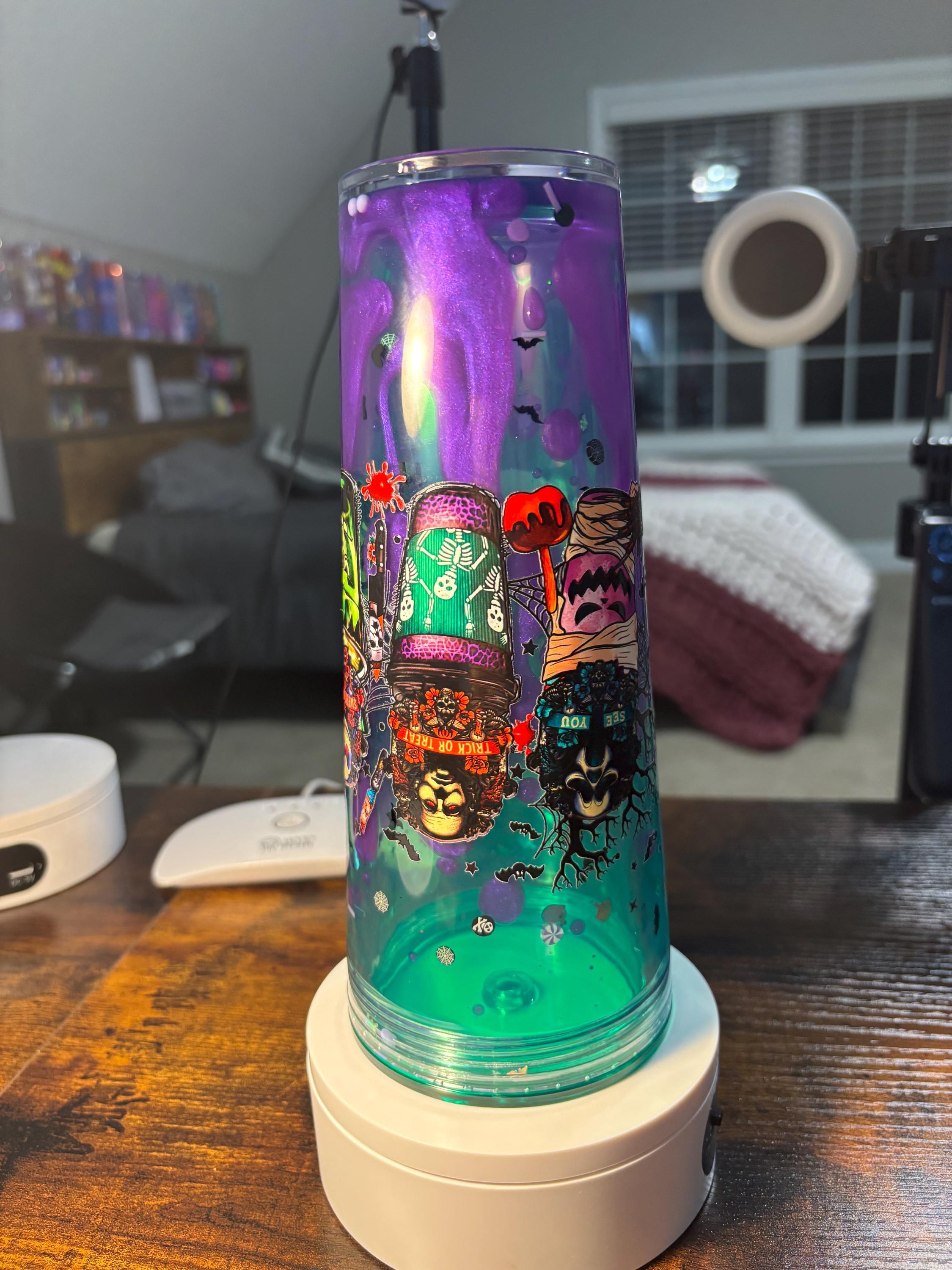 Halloween Coffee Latte Snow Globe Tumbler | 24oz Lava Glitter Cup | Fall Coffee Lover Gift