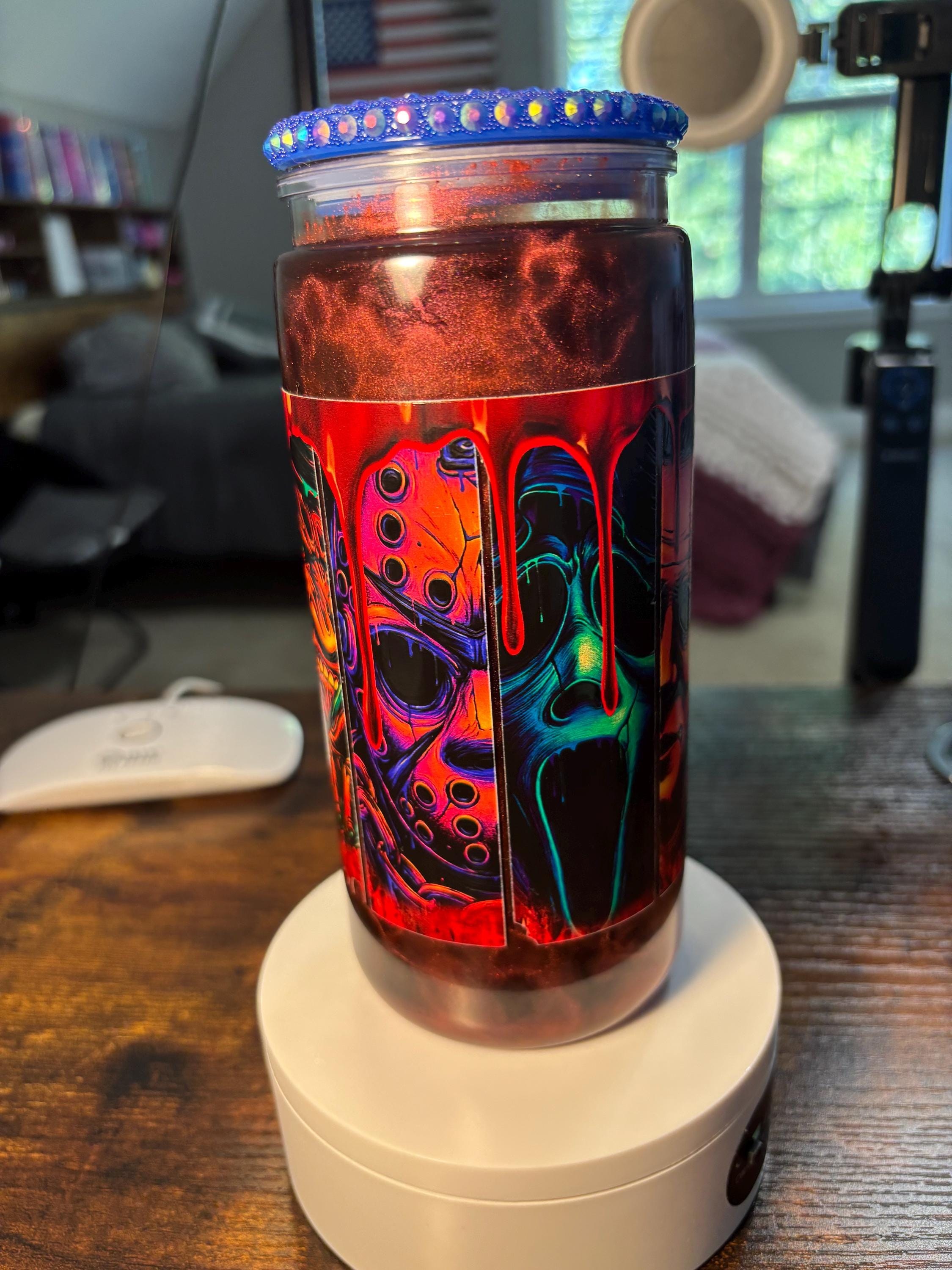 Many Faces of Horror Cateye Snow Globe Tumbler | 20oz Slasher Icons Glitter Cup