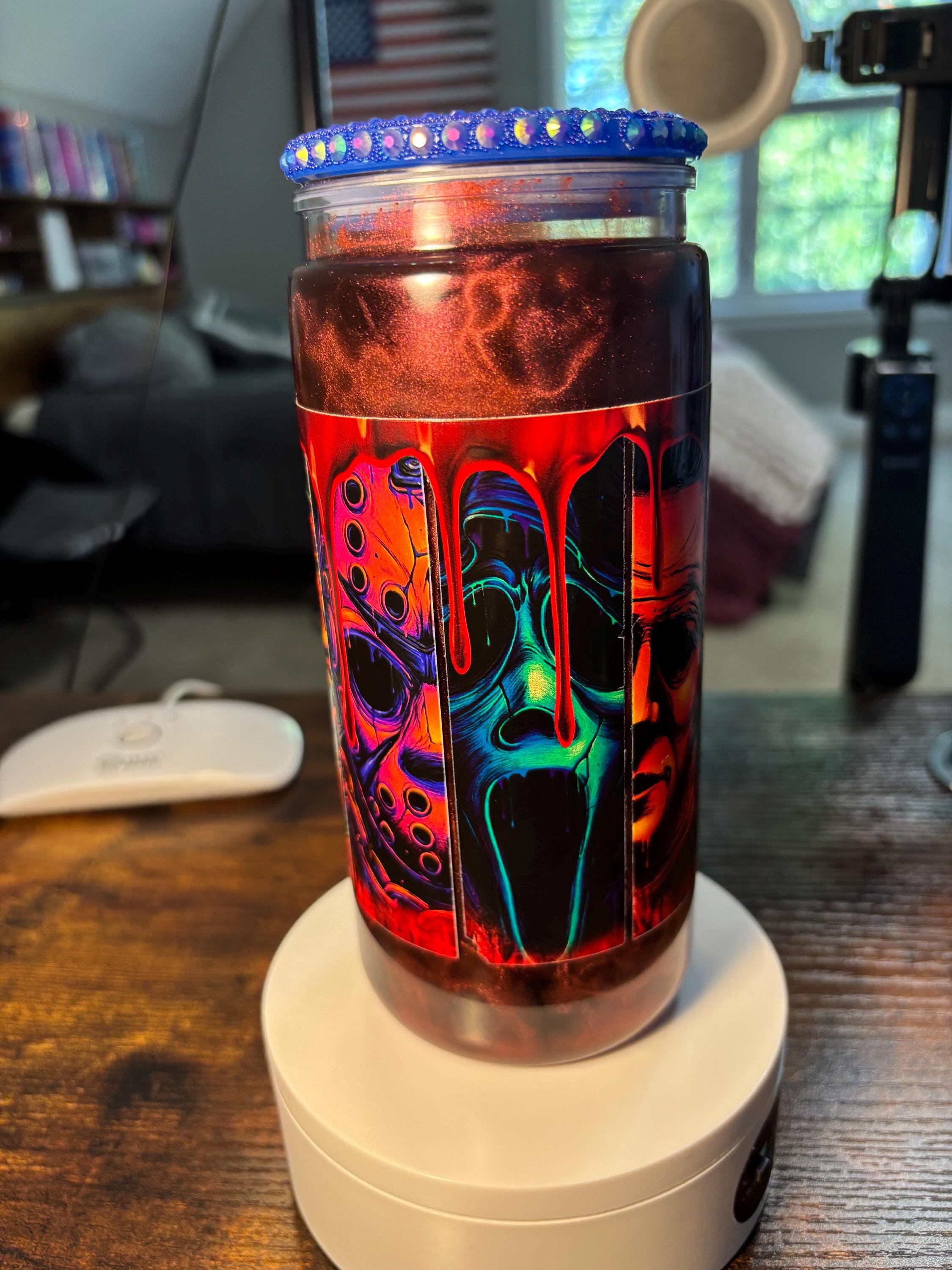 Many Faces of Horror Cateye Snow Globe Tumbler | 20oz Slasher Icons Glitter Cup