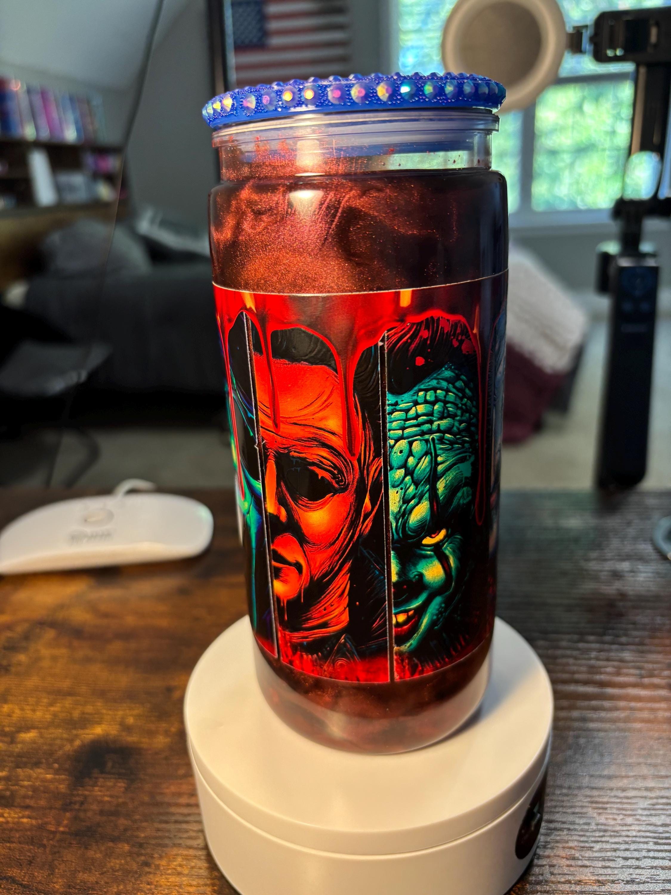 Many Faces of Horror Cateye Snow Globe Tumbler | 20oz Slasher Icons Glitter Cup