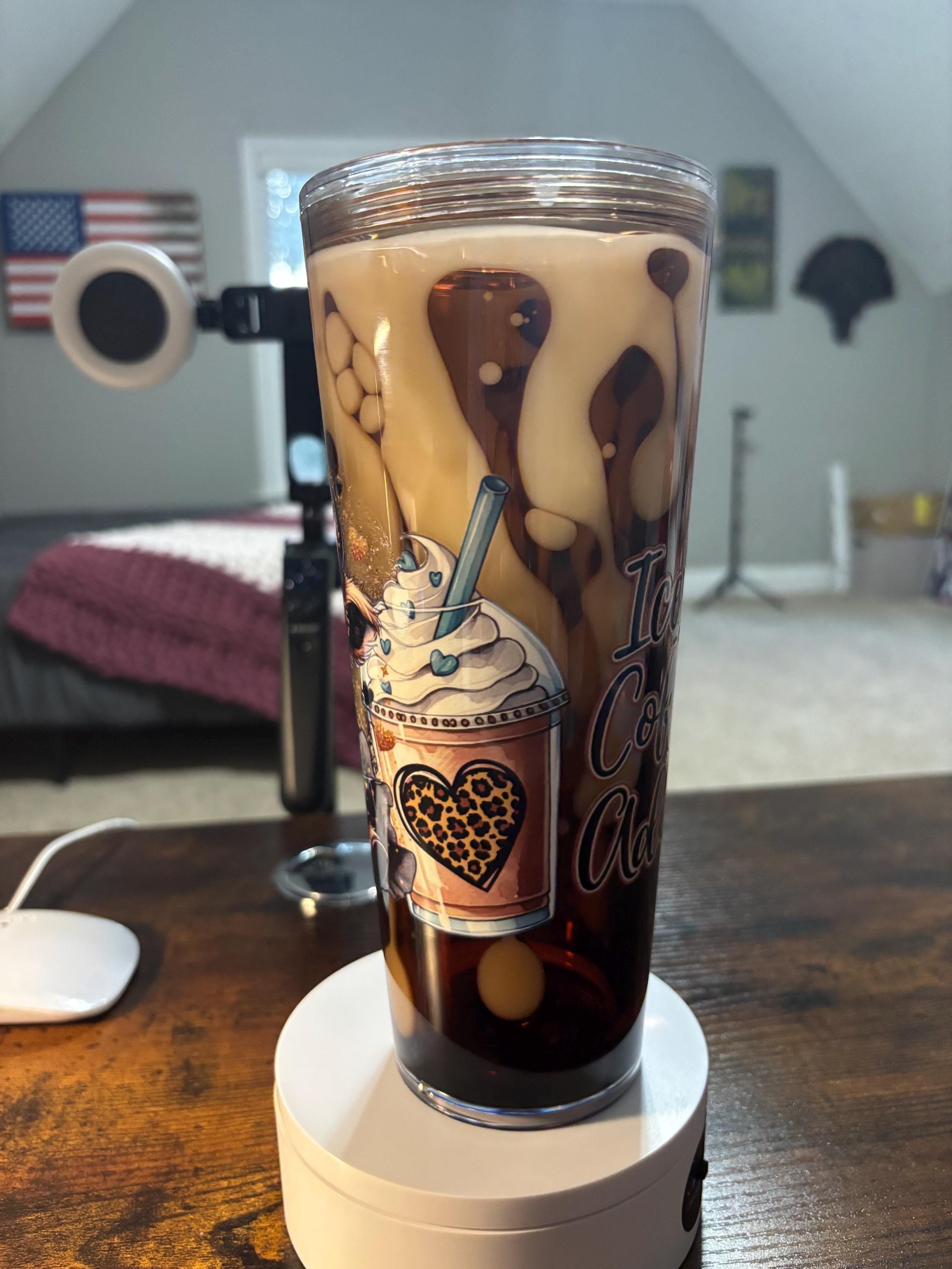 Iced Coffee Cow Addict Snow Globe Tumbler | 24oz Lava Handmade Coffee Lover Cup