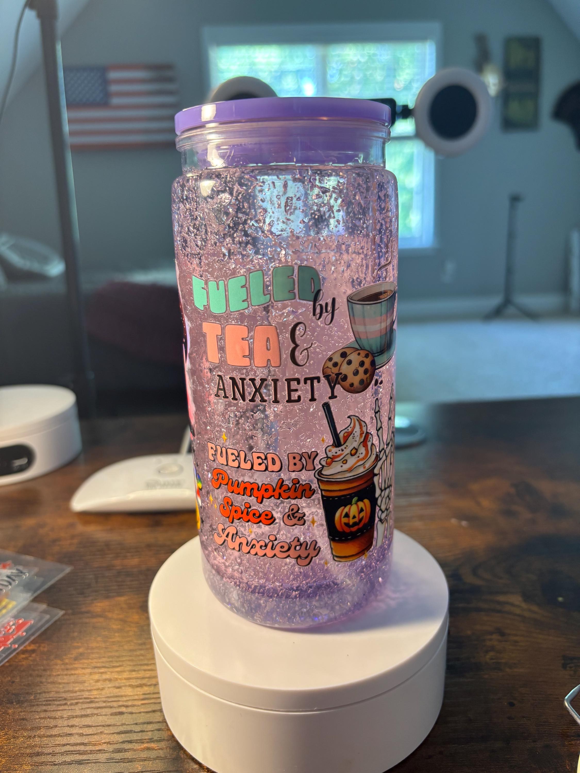 Fueled by Tea and Anxiety Snow Globe Tumbler | 20oz Icee Handmade Funny Tea Cup