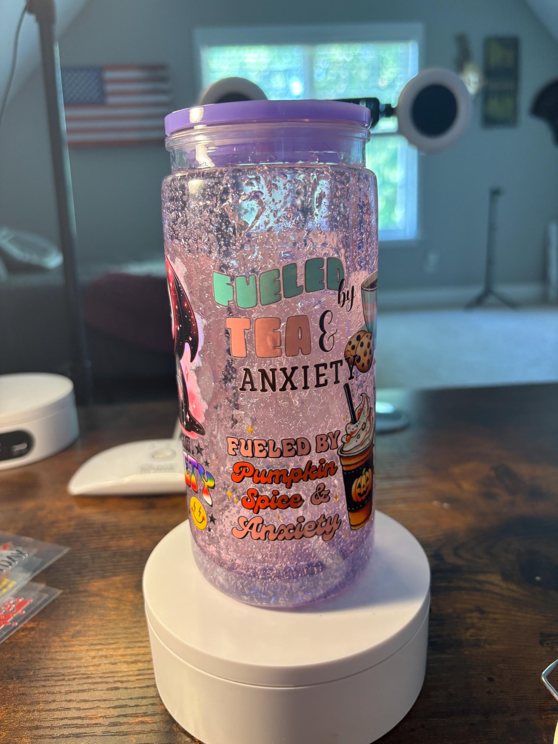Fueled by Tea and Anxiety Snow Globe Tumbler | 20oz Icee Handmade Funny Tea Cup