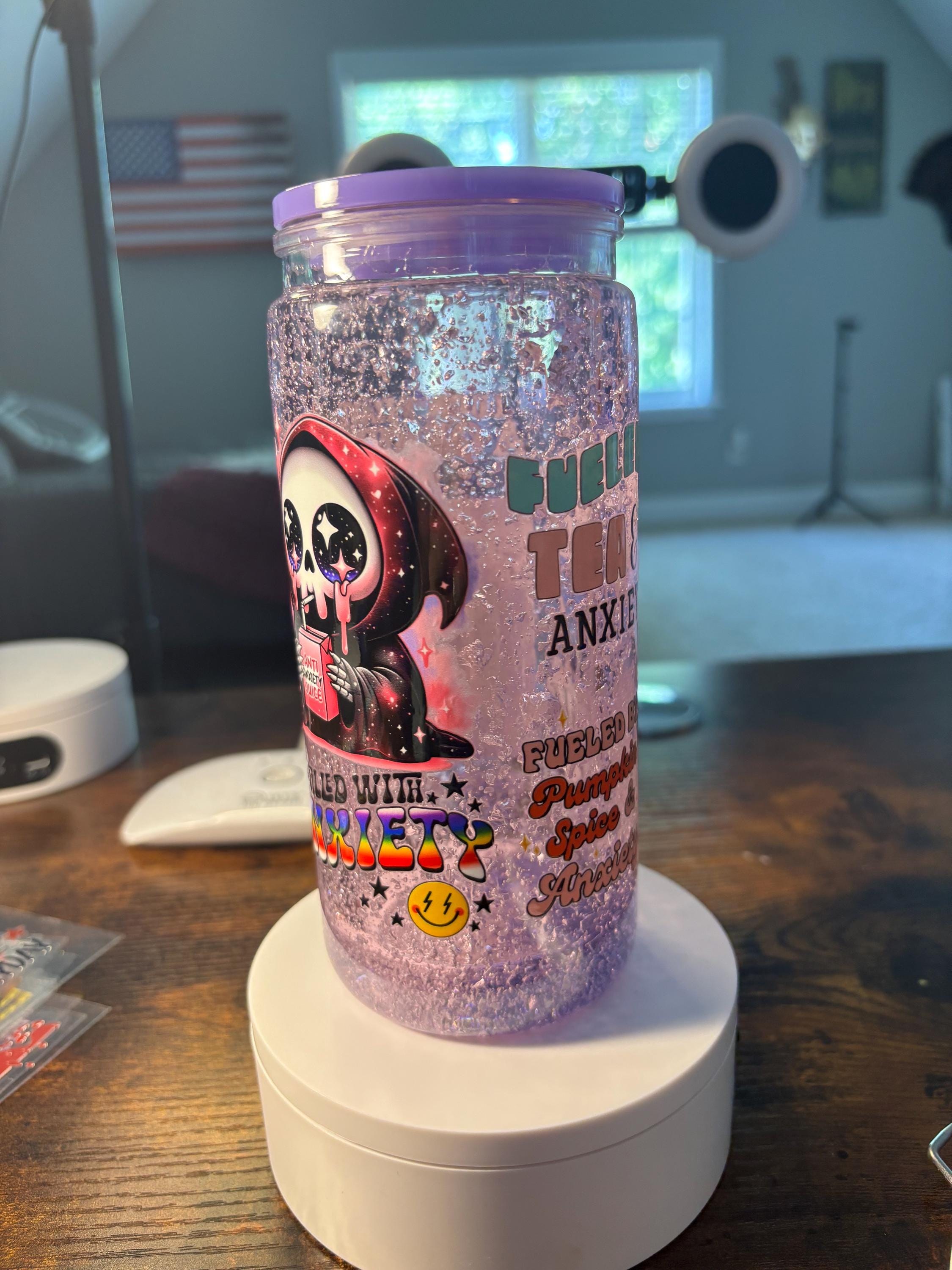 Fueled by Tea and Anxiety Snow Globe Tumbler | 20oz Icee Handmade Funny Tea Cup