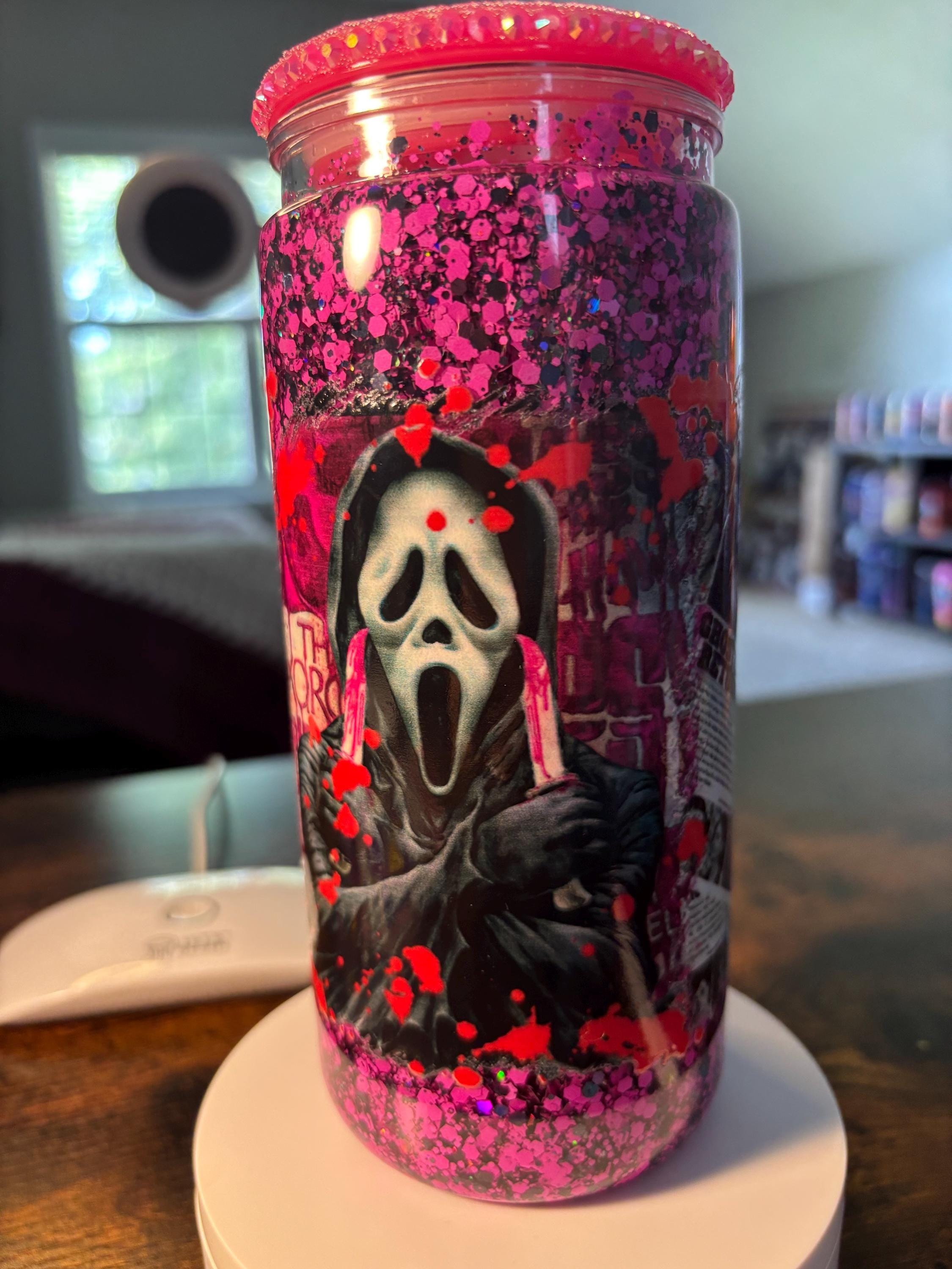 Scream Ghost Face Snow Globe Tumbler | 20oz Glitter Horror Cup | Slasher Halloween Gift