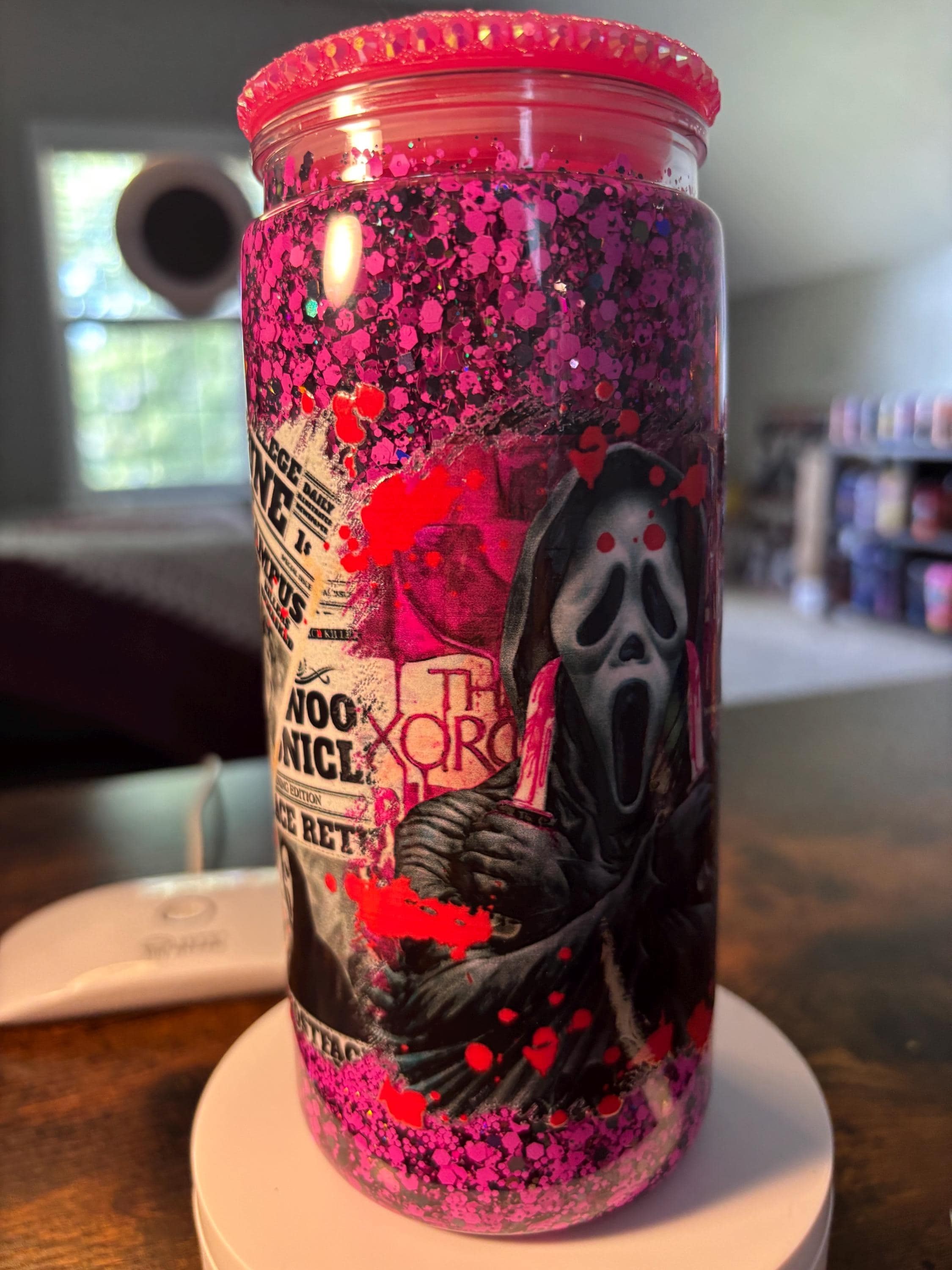 Scream Ghost Face Snow Globe Tumbler | 20oz Glitter Horror Cup | Slasher Halloween Gift
