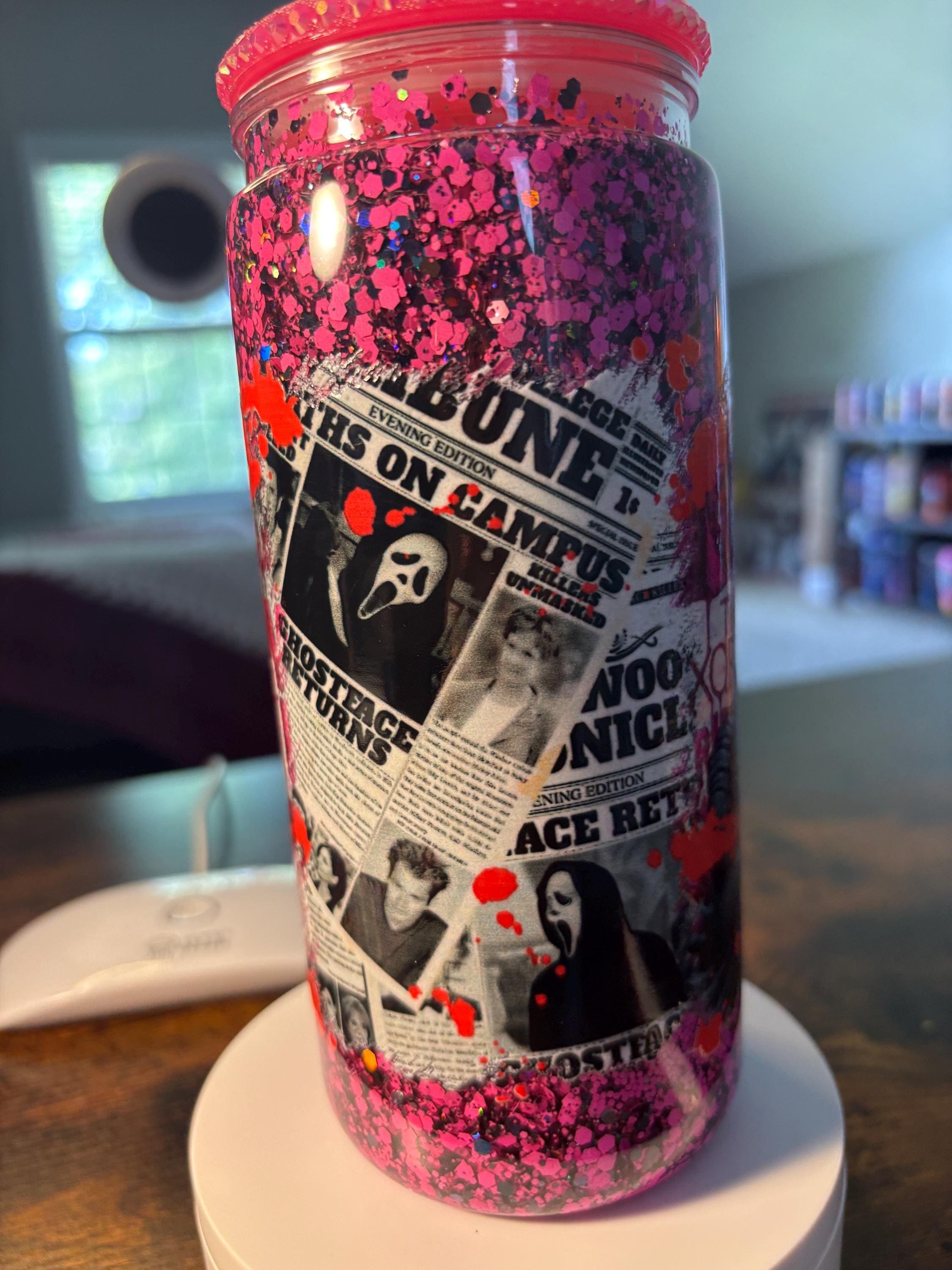 Scream Ghost Face Snow Globe Tumbler | 20oz Glitter Horror Cup | Slasher Halloween Gift