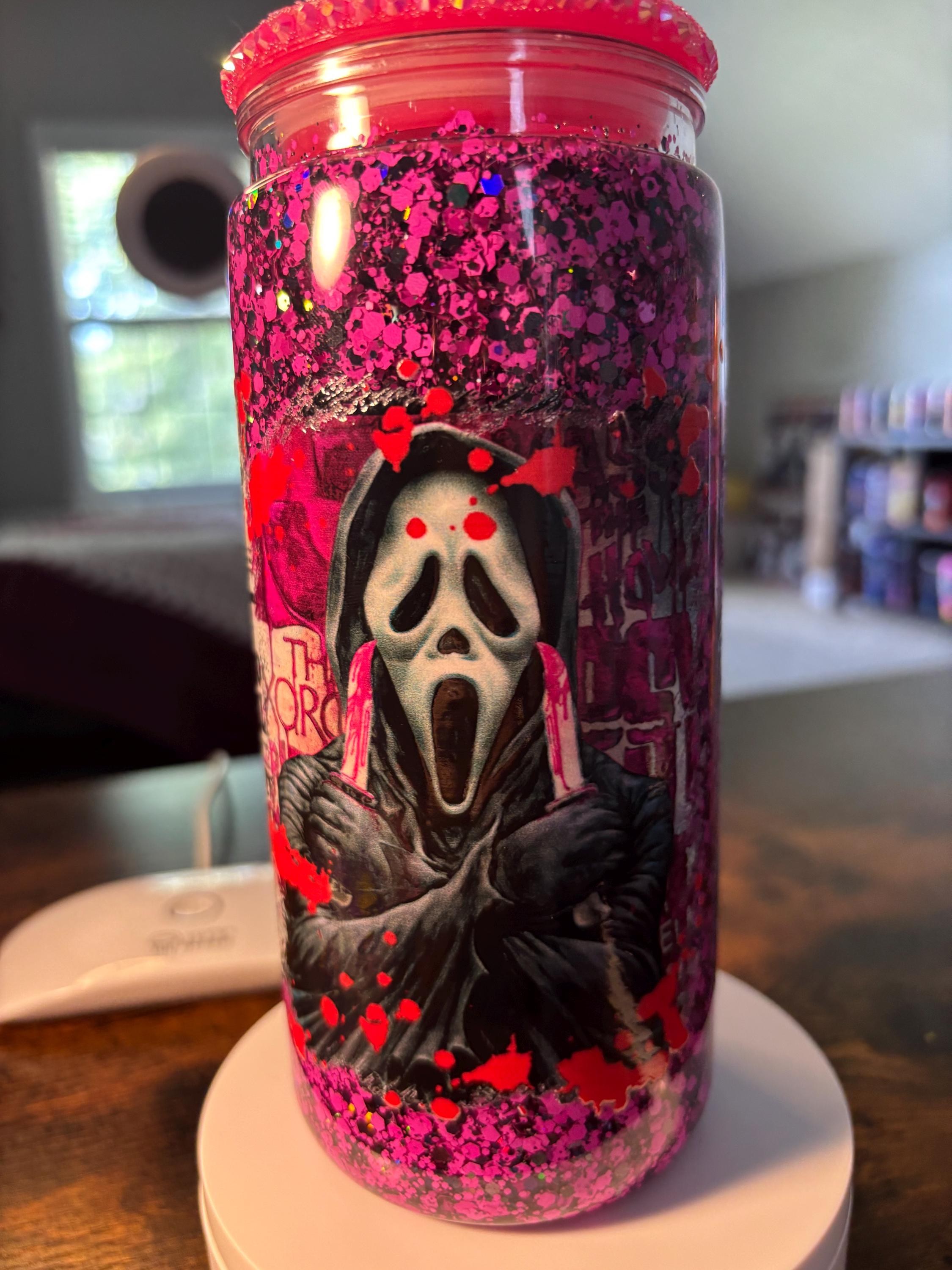 Scream Ghost Face Snow Globe Tumbler | 20oz Glitter Horror Cup | Slasher Halloween Gift
