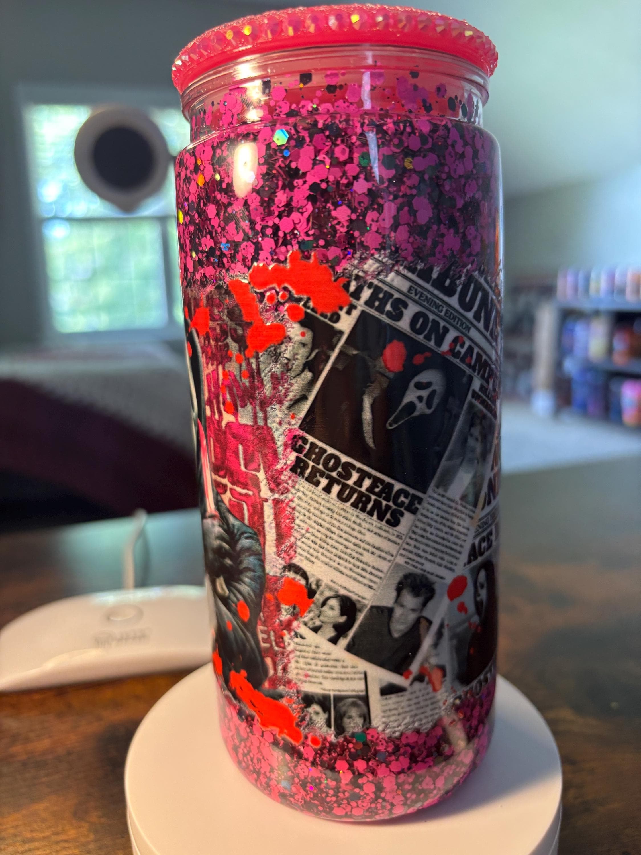 Scream Ghost Face Snow Globe Tumbler | 20oz Glitter Horror Cup | Slasher Halloween Gift
