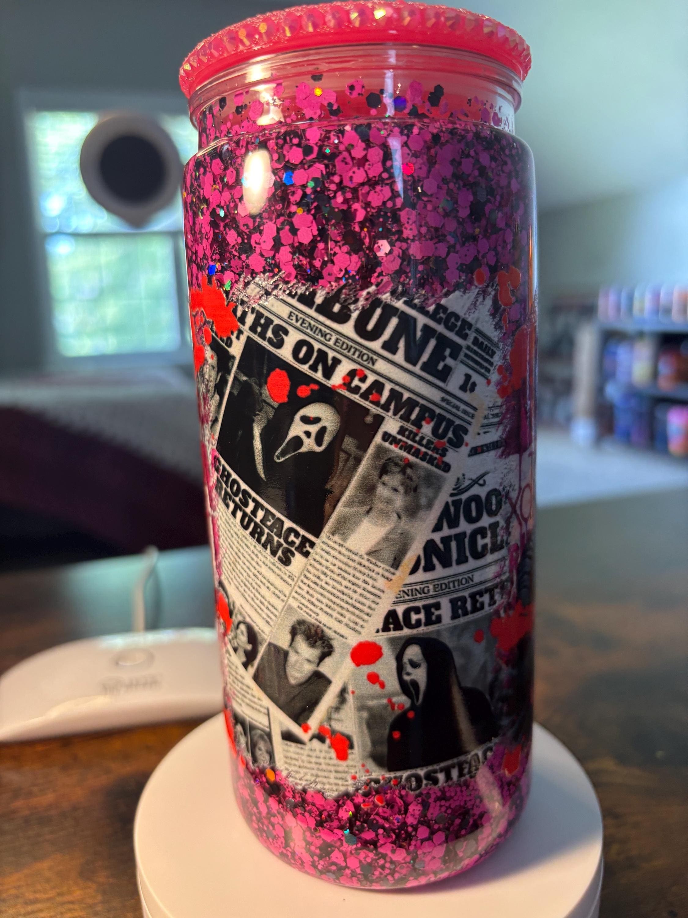Scream Ghost Face Snow Globe Tumbler | 20oz Glitter Horror Cup | Slasher Halloween Gift