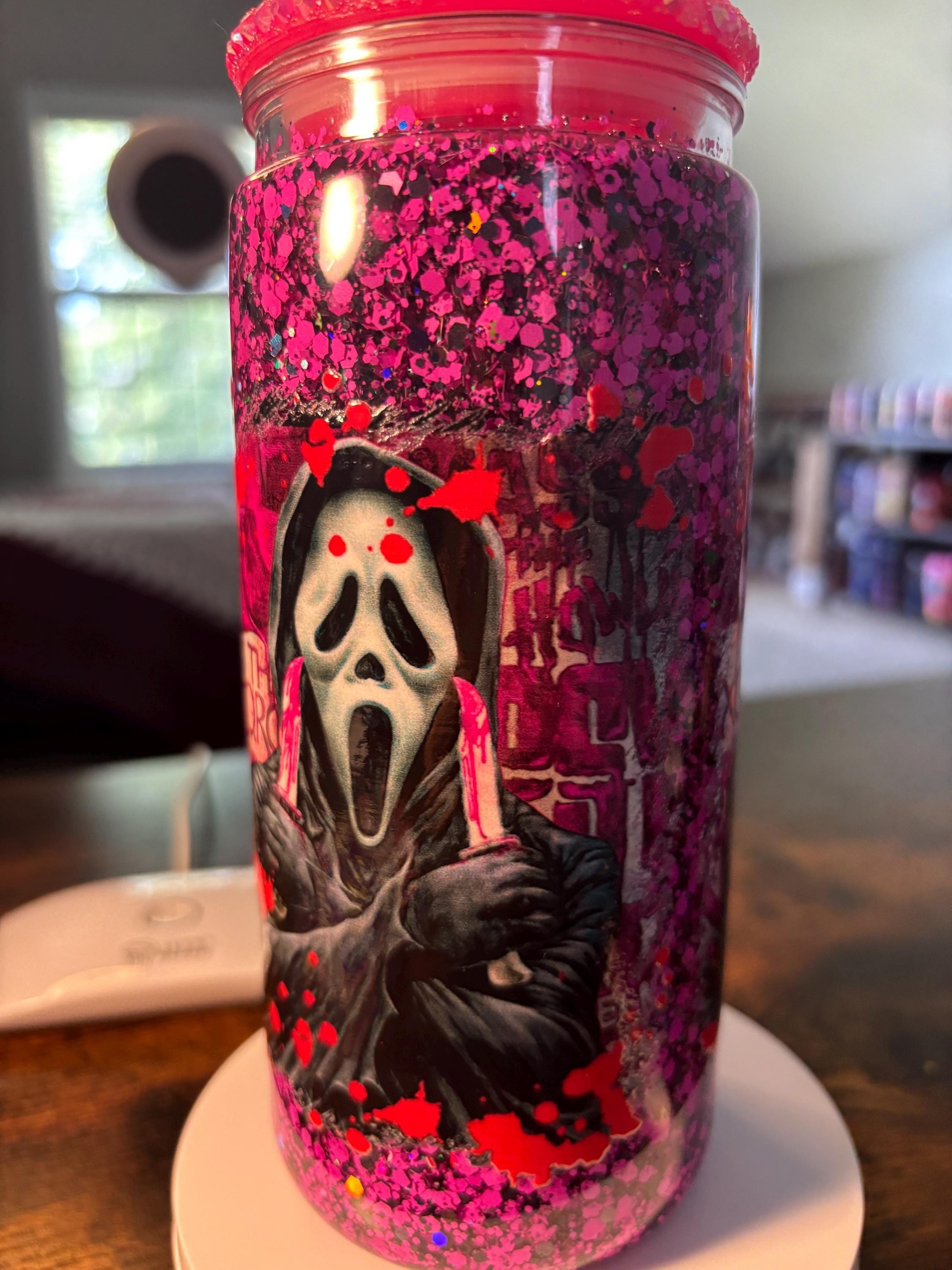 Scream Ghost Face Snow Globe Tumbler | 20oz Glitter Horror Cup | Slasher Halloween Gift