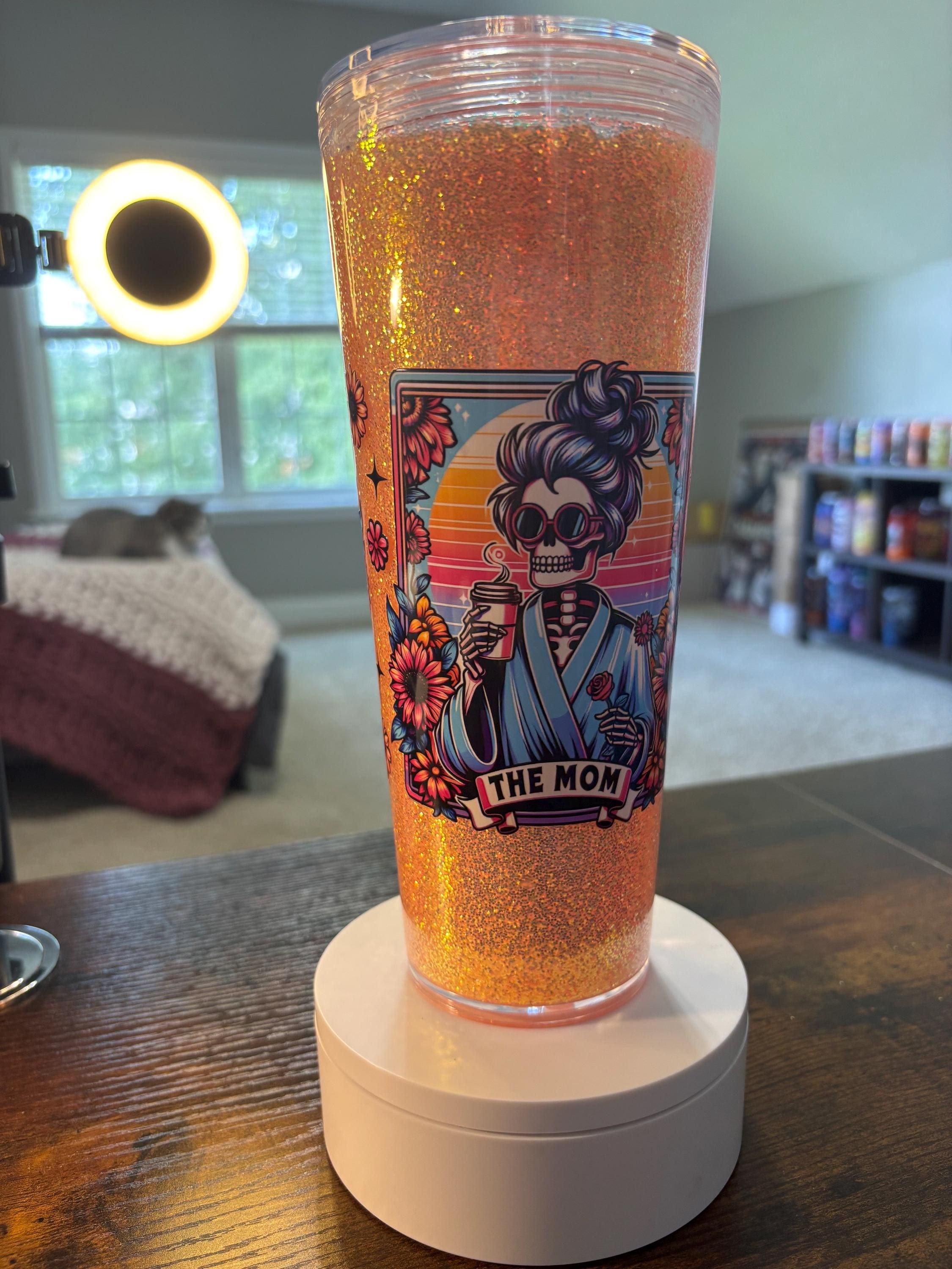 The Mom Skeleton Snow Globe Tumbler | Glitter Handmade Cup | Funny Spooky Mom Gift