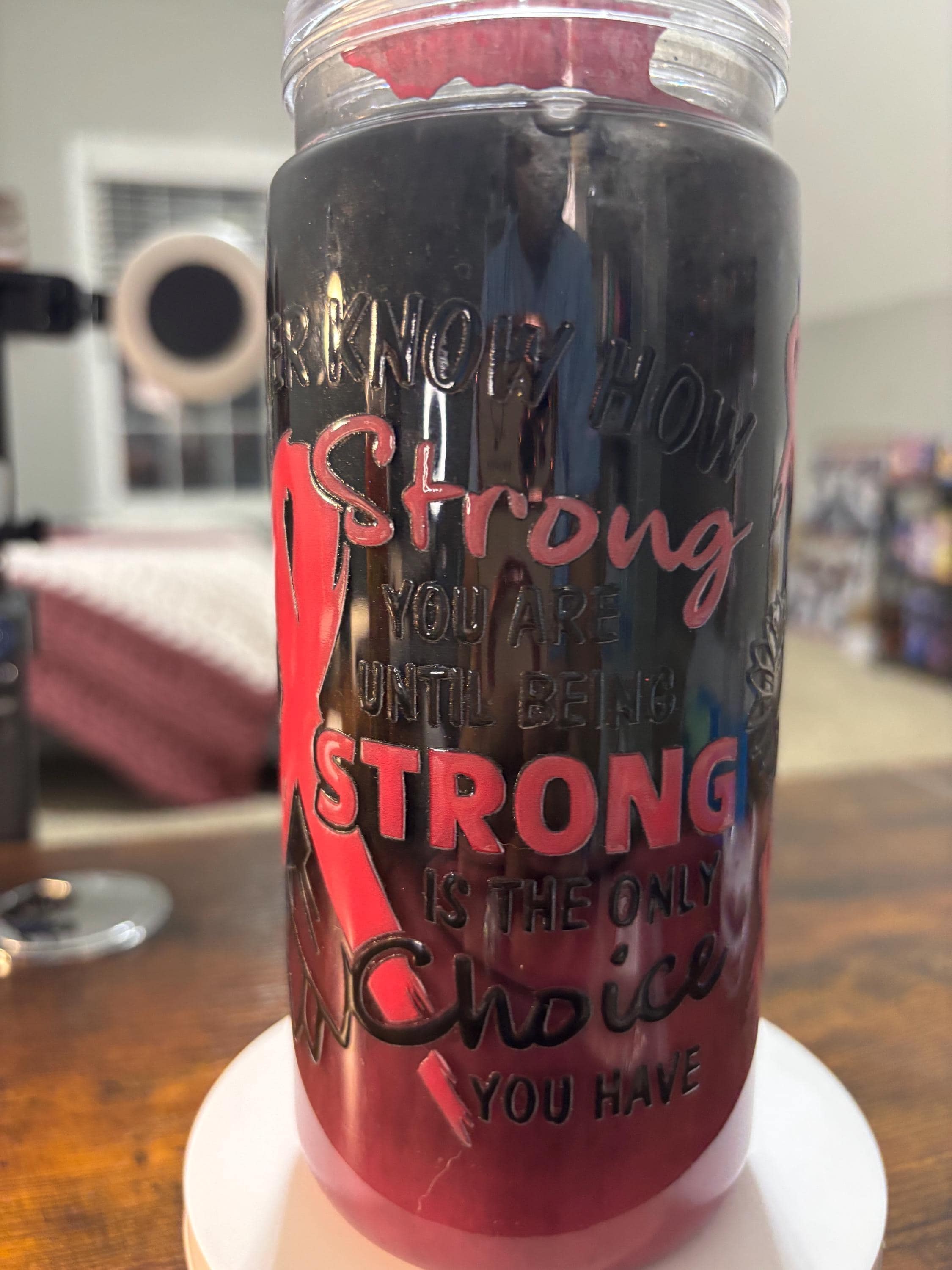 Cancer Strong Snow Globe Tumbler | 20oz Handmade Awareness Ribbon Cup | Fighter Gift