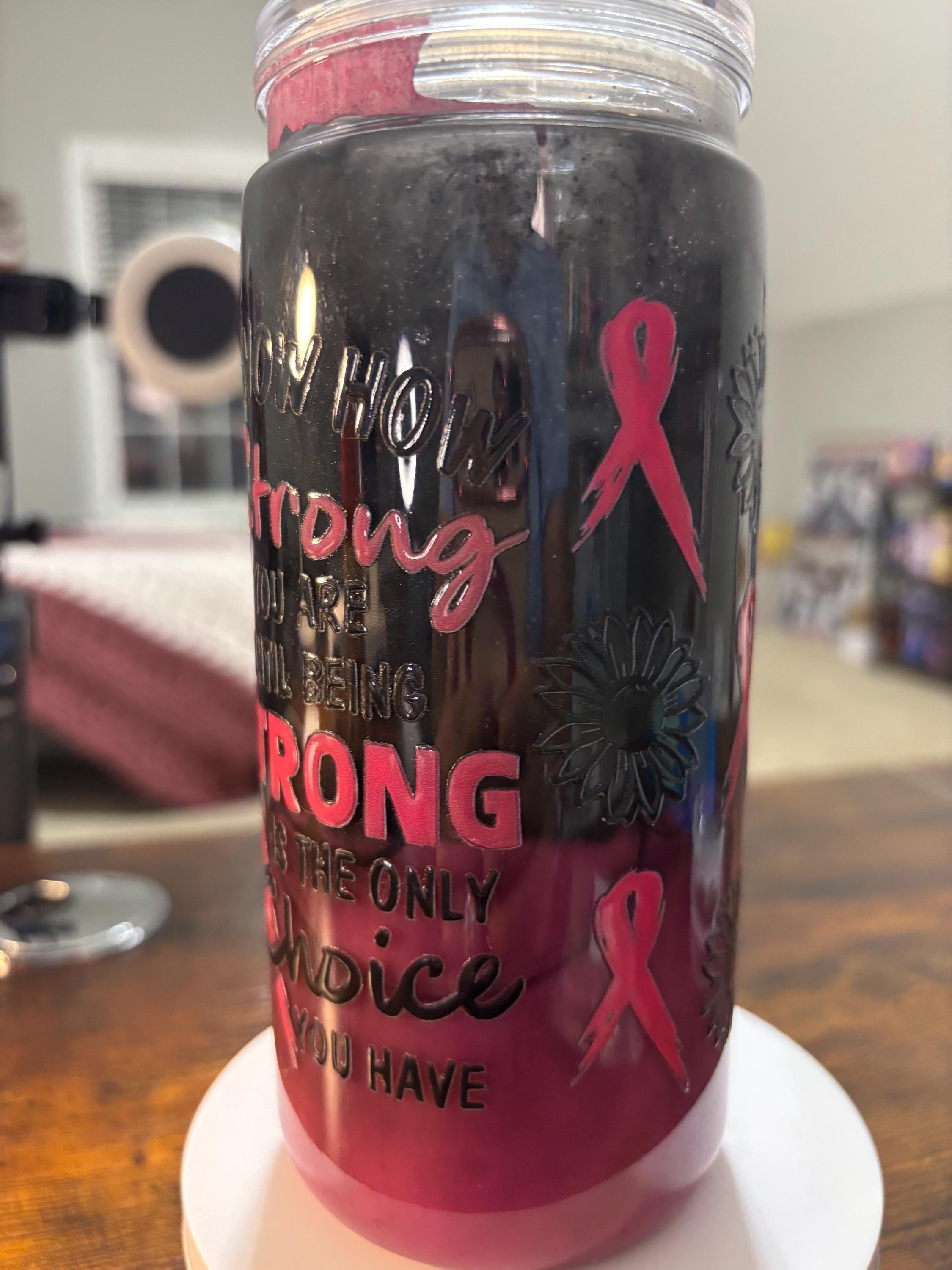 Cancer Strong Snow Globe Tumbler | 20oz Handmade Awareness Ribbon Cup | Fighter Gift