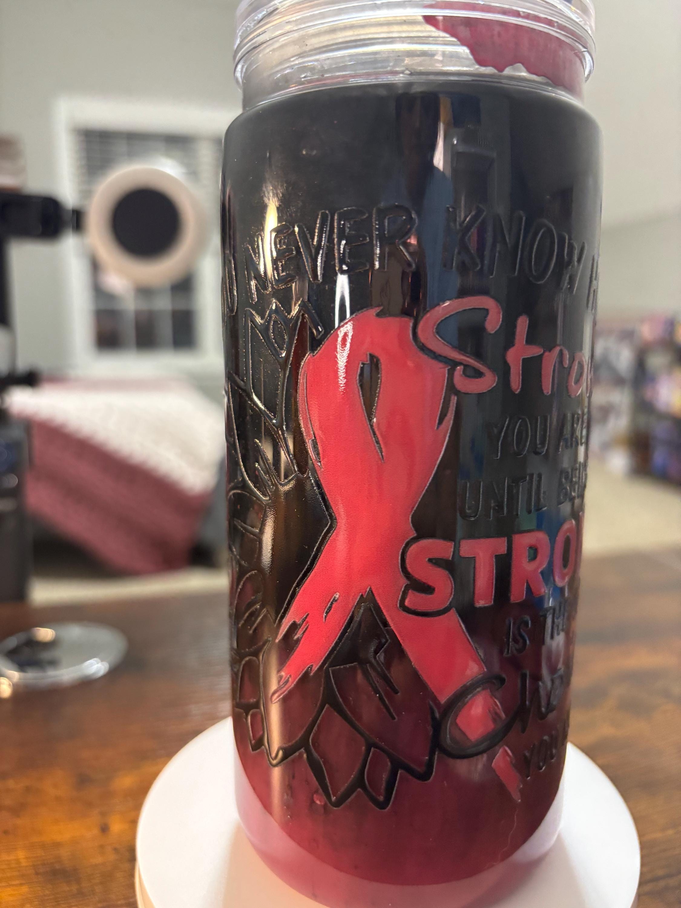 Cancer Strong Snow Globe Tumbler | 20oz Handmade Awareness Ribbon Cup | Fighter Gift