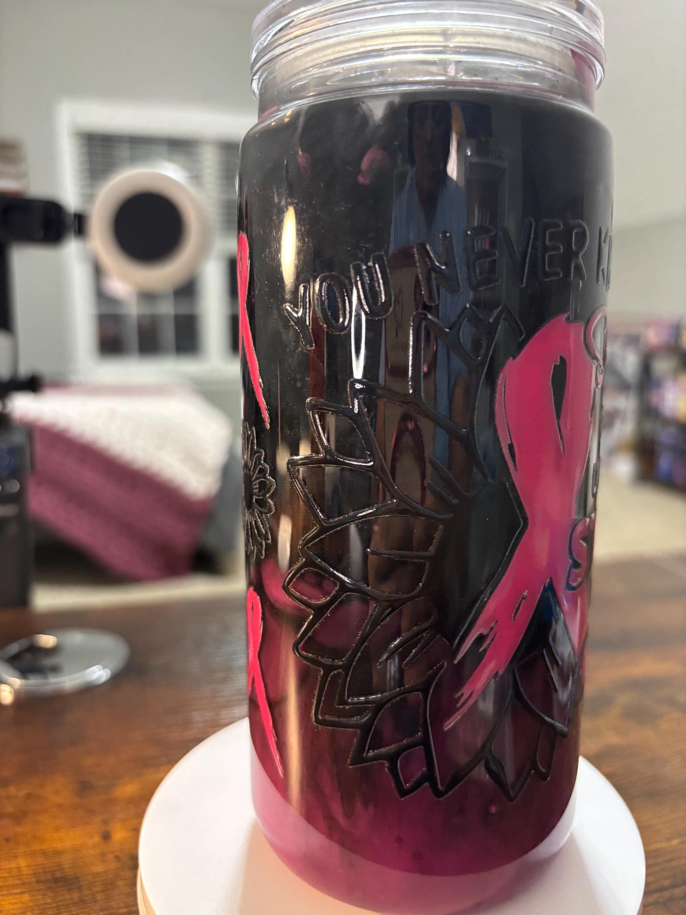 Cancer Strong Snow Globe Tumbler | 20oz Handmade Awareness Ribbon Cup | Fighter Gift