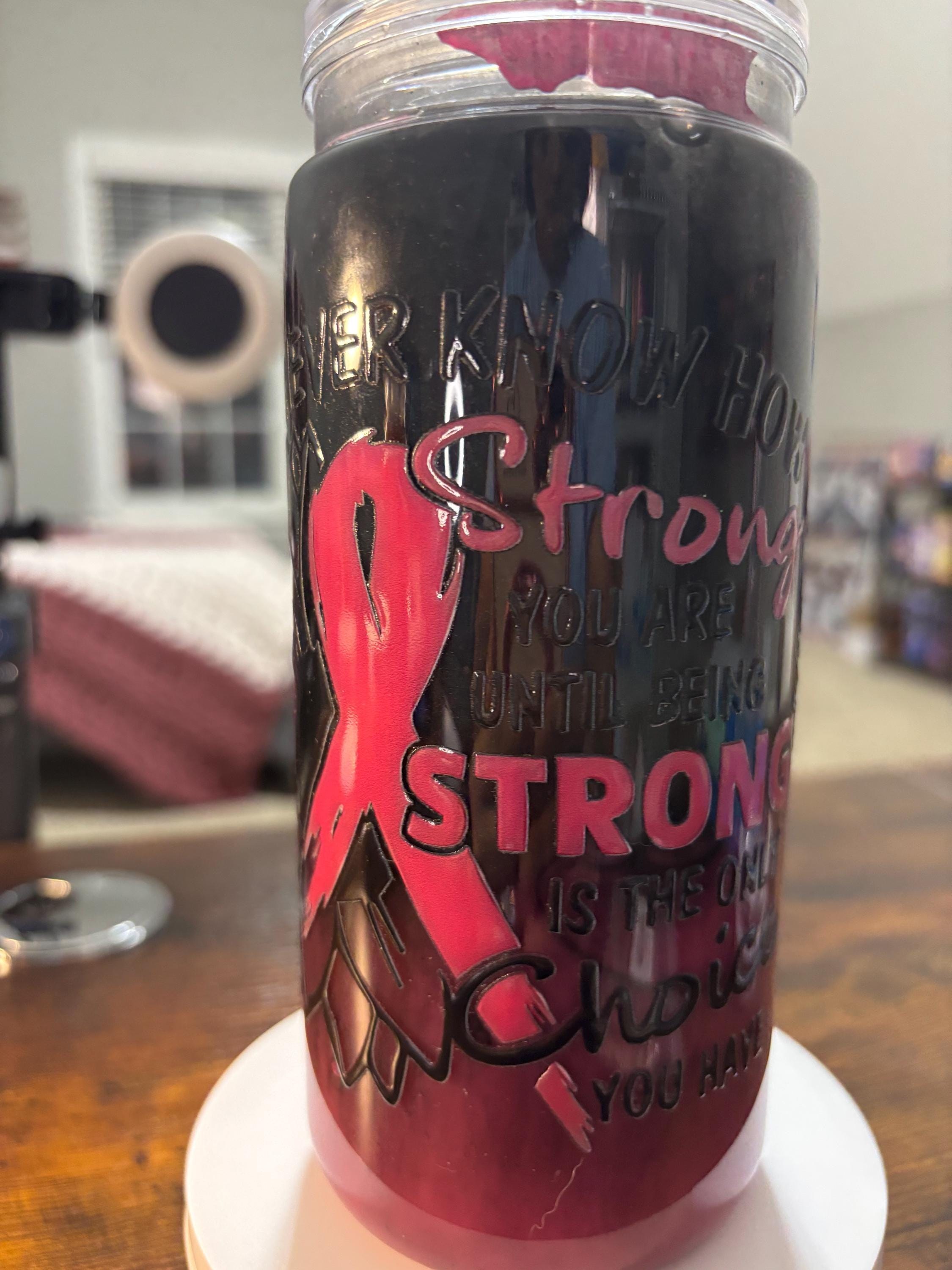 Cancer Strong Snow Globe Tumbler | 20oz Handmade Awareness Ribbon Cup | Fighter Gift