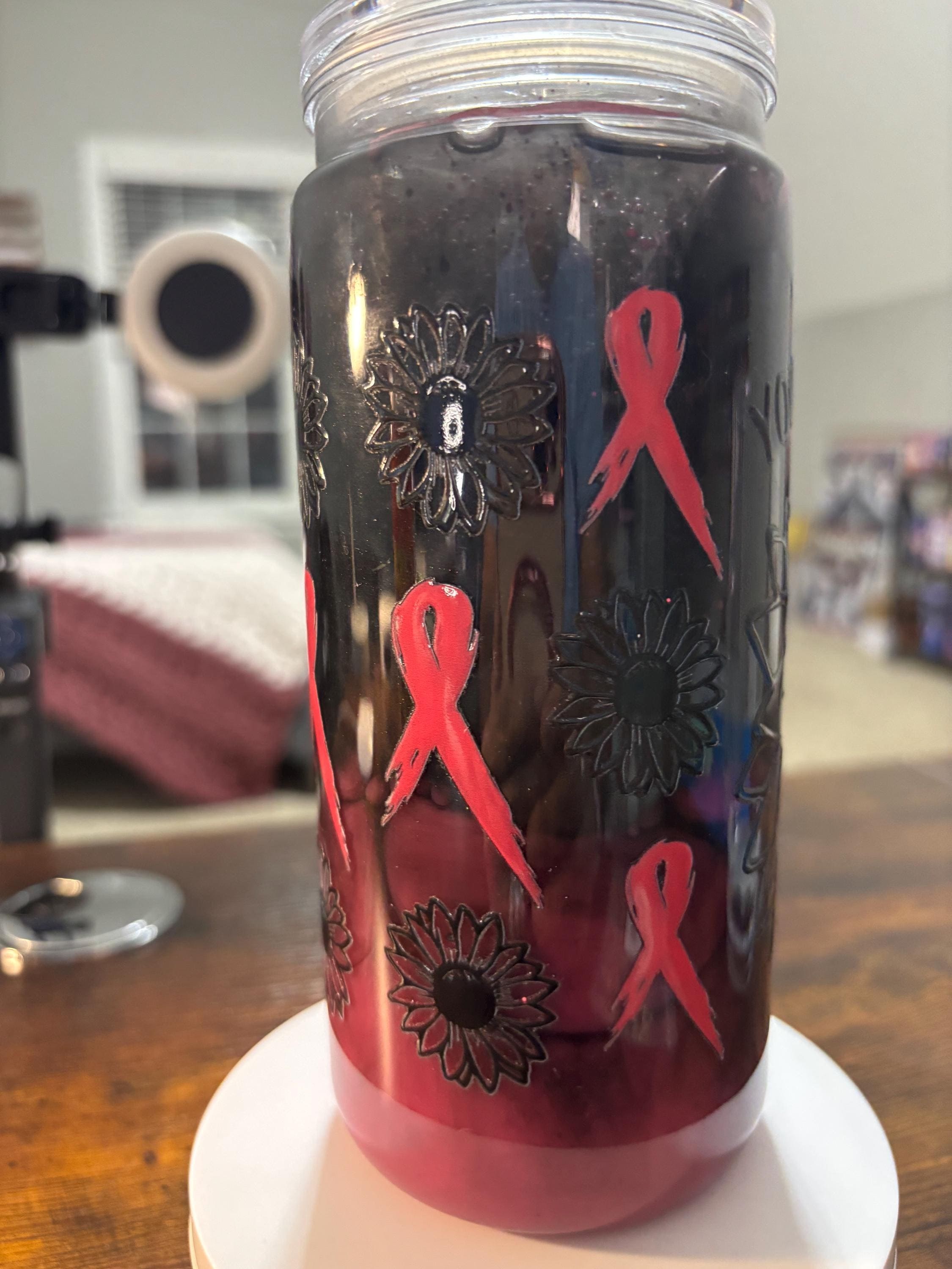 Cancer Strong Snow Globe Tumbler | 20oz Handmade Awareness Ribbon Cup | Fighter Gift