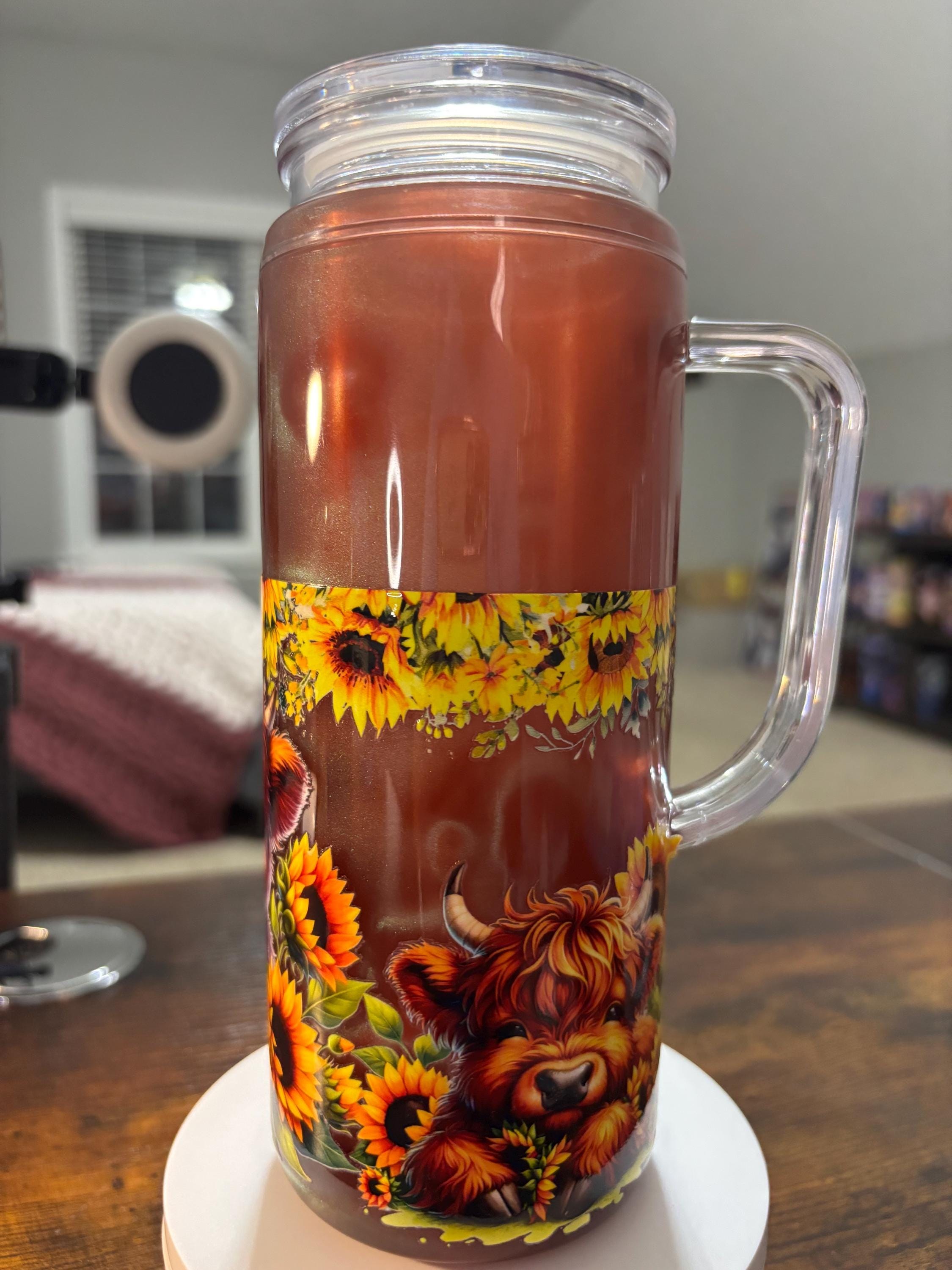 Highland Cow and Sunflowers Snow Globe Tumbler | 20oz Handmade Country Cow Cup