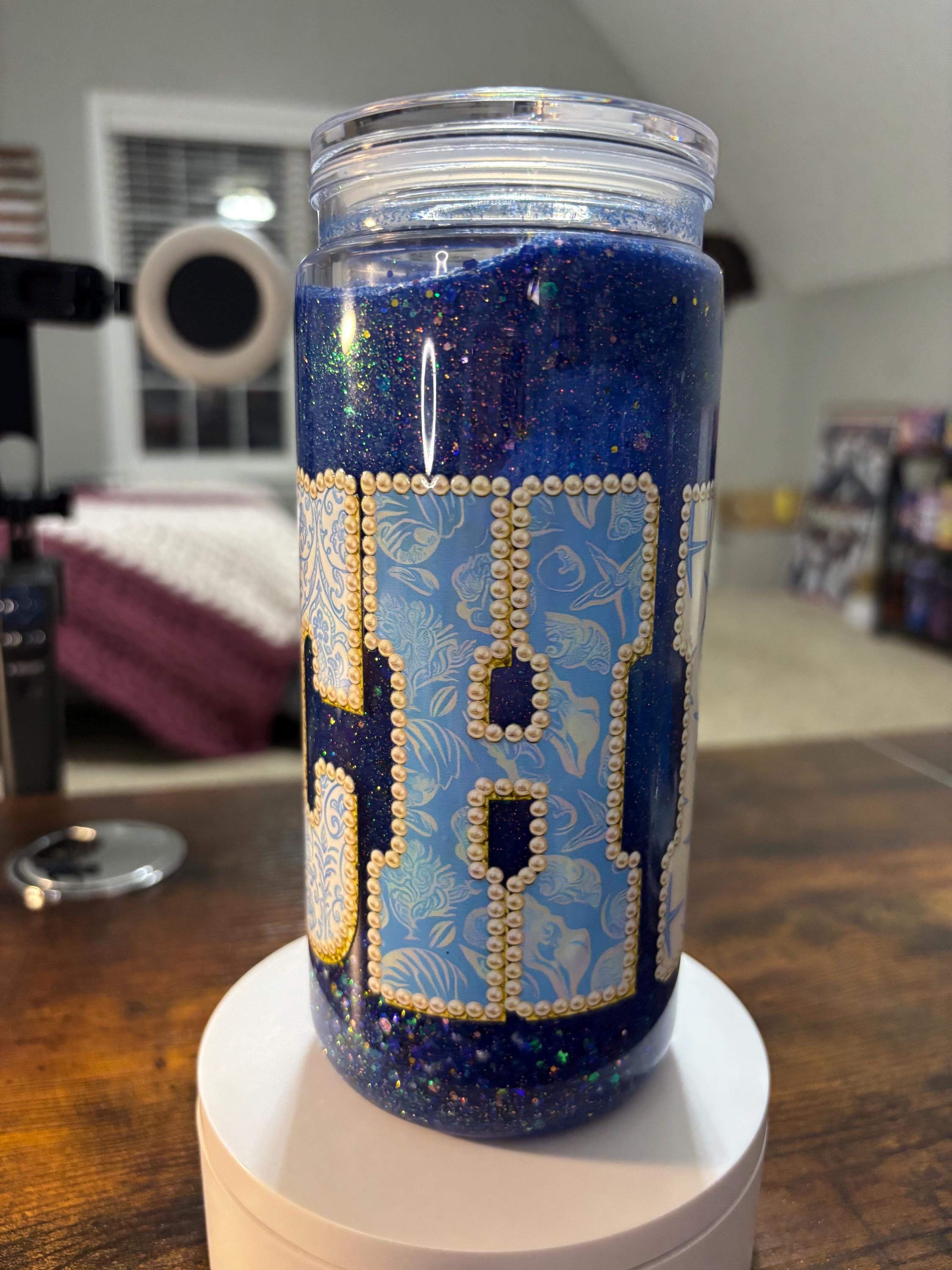 Beach Dreamscape Waterfall Tumbler | 20oz Glitter Snow Globe Cup, Handmade
