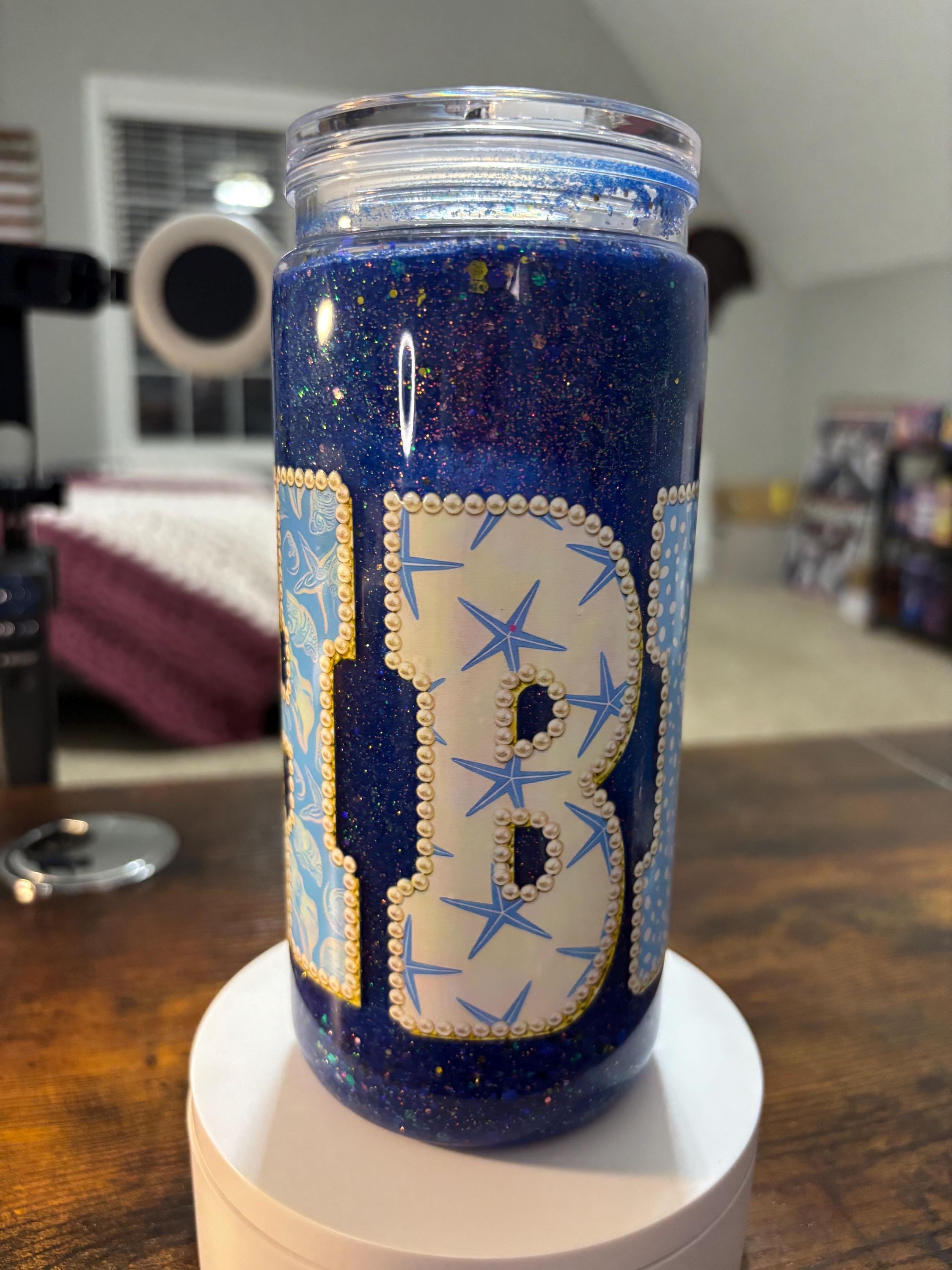 Beach Moonscape Snow Globe Tumbler | 20oz Handmade Coastal Ocean Cup | Summer Gift