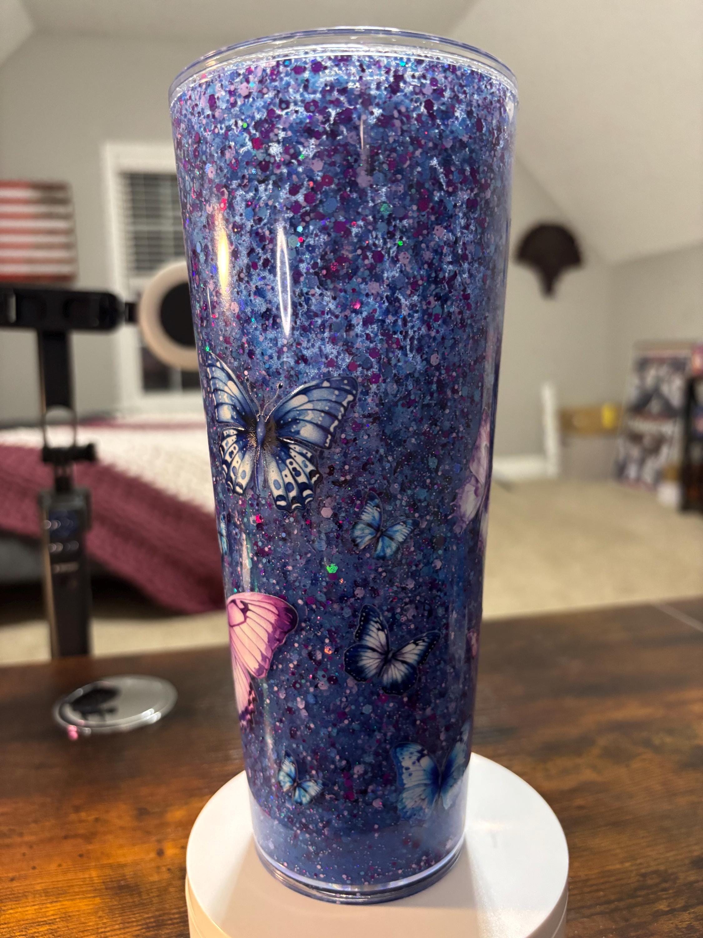 Butterflies Moonscape Snow Globe Tumbler | Handmade 20oz Acrylic Snowglobe Cup | Butterfly Gift