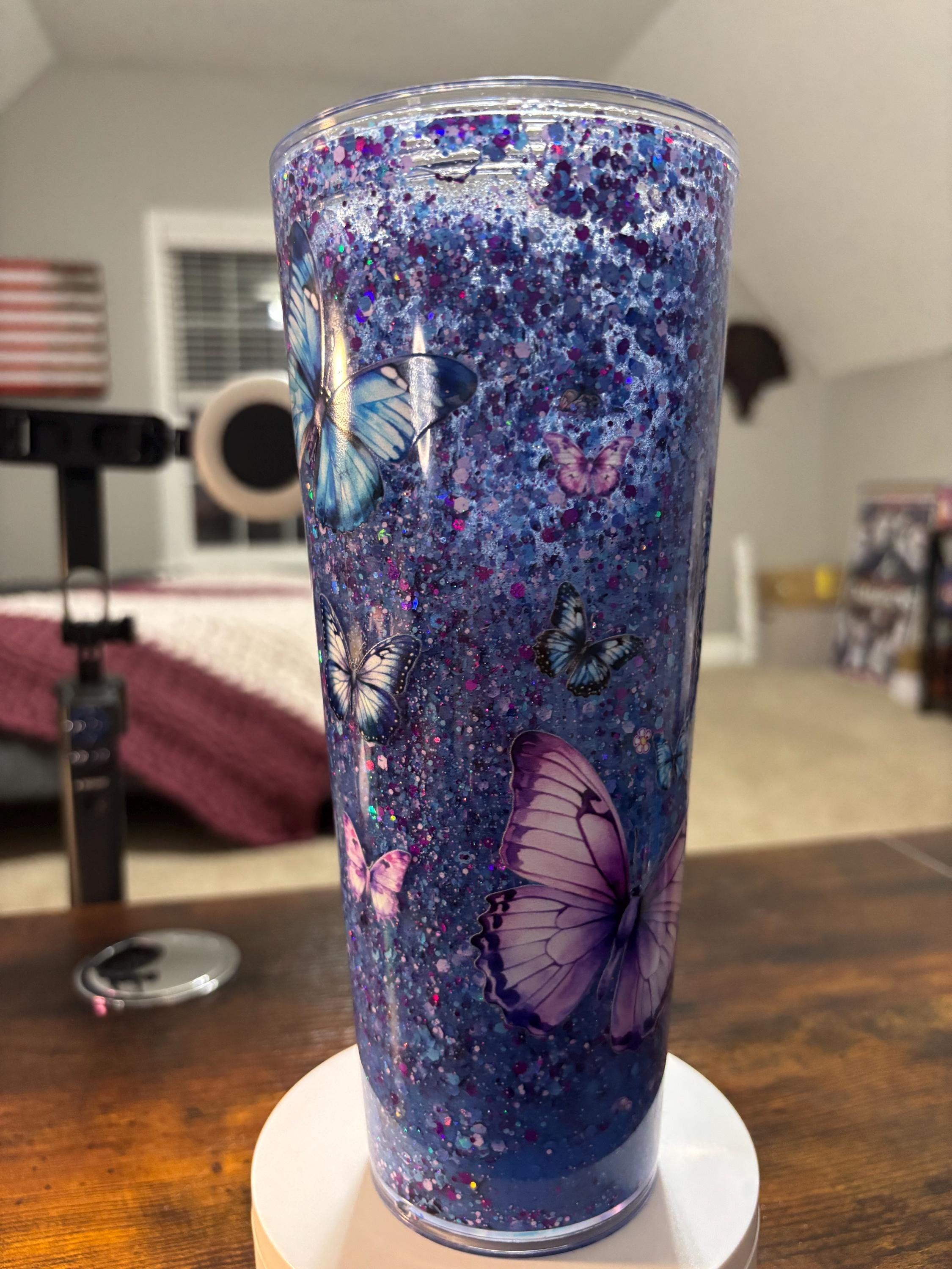 Butterflies Moonscape Snow Globe Tumbler | Handmade 20oz Acrylic Snowglobe Cup | Butterfly Gift