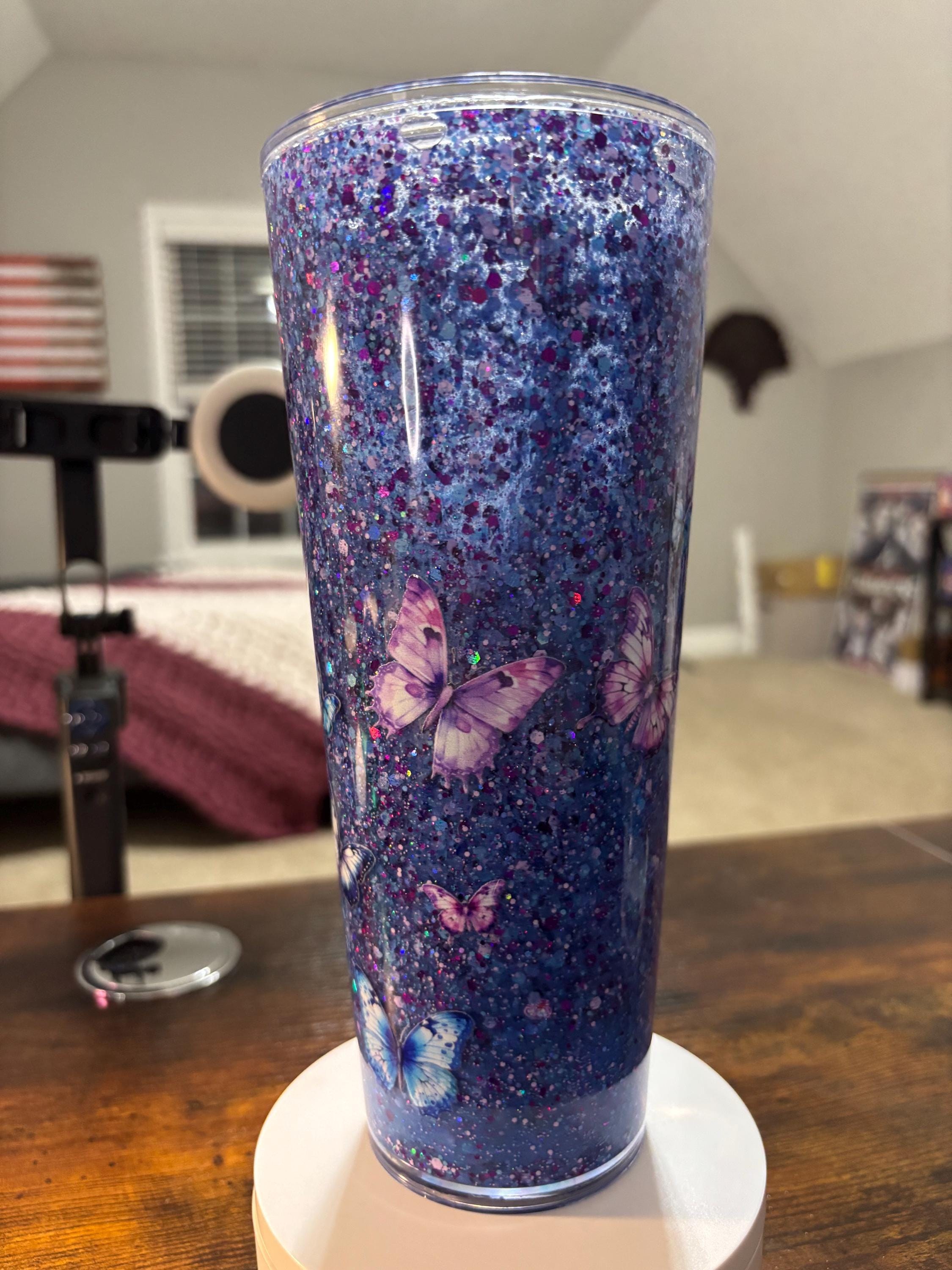 Butterflies Moonscape Snow Globe Tumbler | Handmade 20oz Acrylic Snowglobe Cup | Butterfly Gift