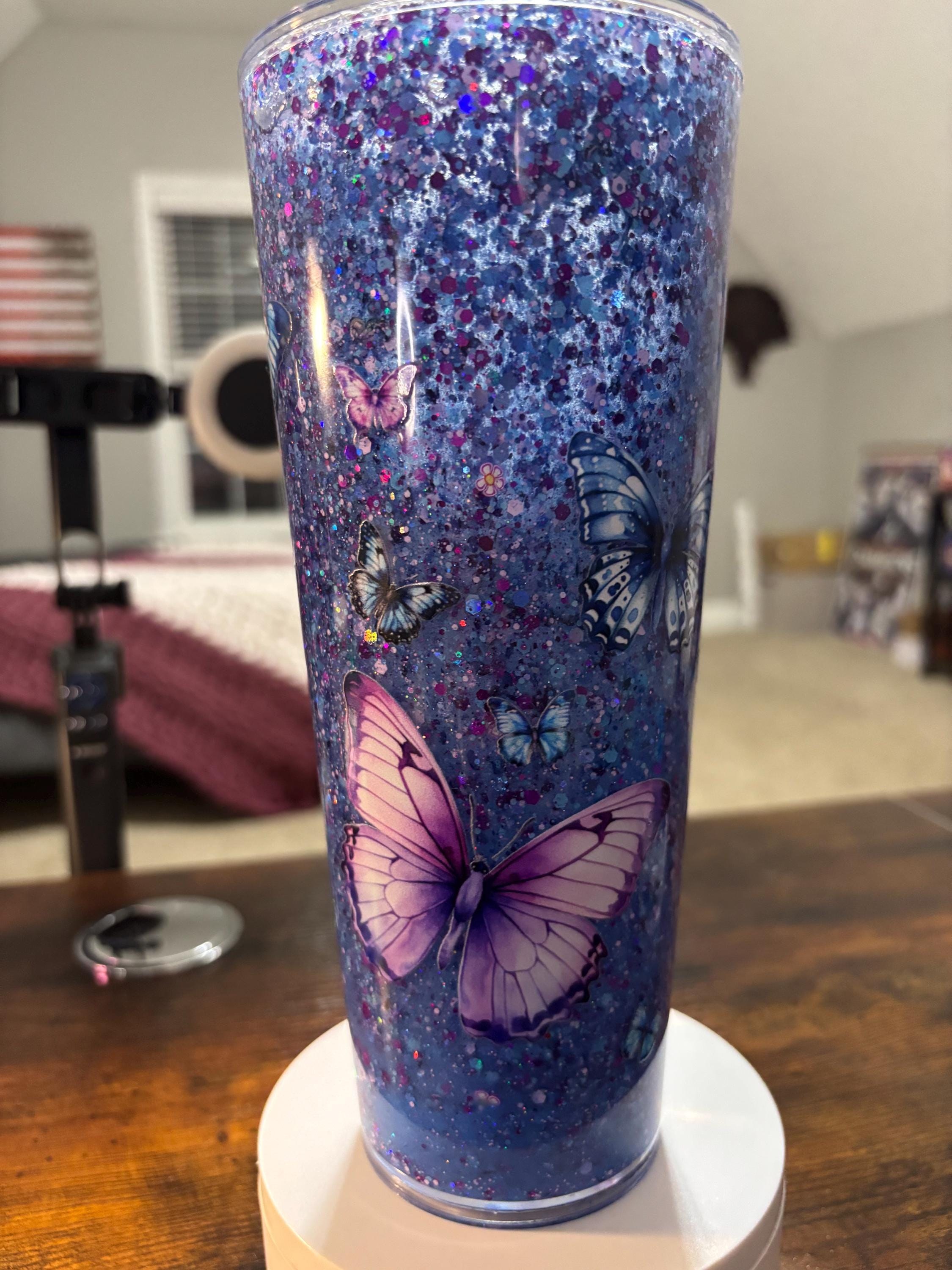 Butterflies Moonscape Snow Globe Tumbler | Handmade 20oz Acrylic Snowglobe Cup | Butterfly Gift
