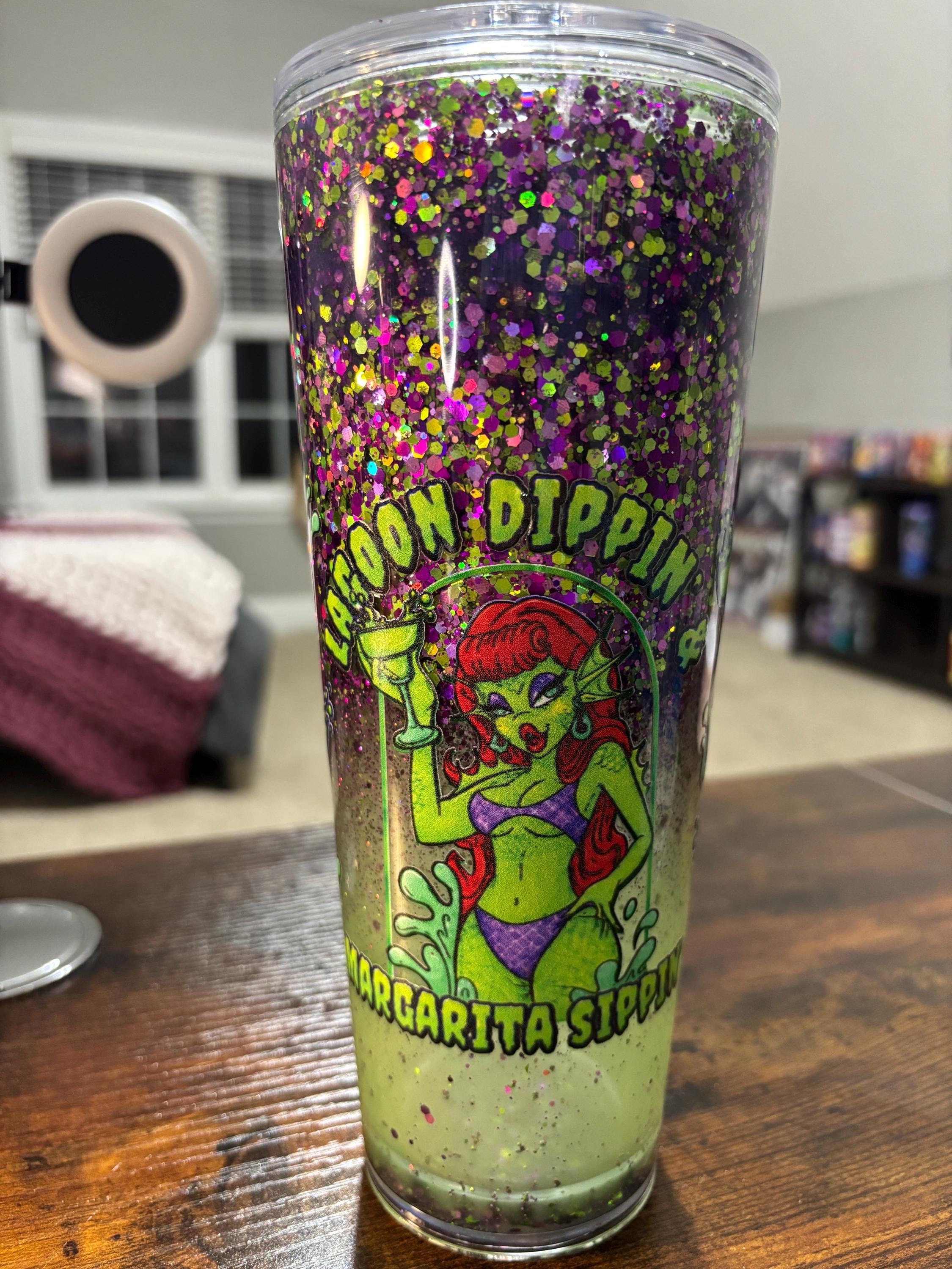Lagoon Margarita Snow Globe Tumbler | 20oz Moonscape Glitter Cup | Tropical Cocktail Gift