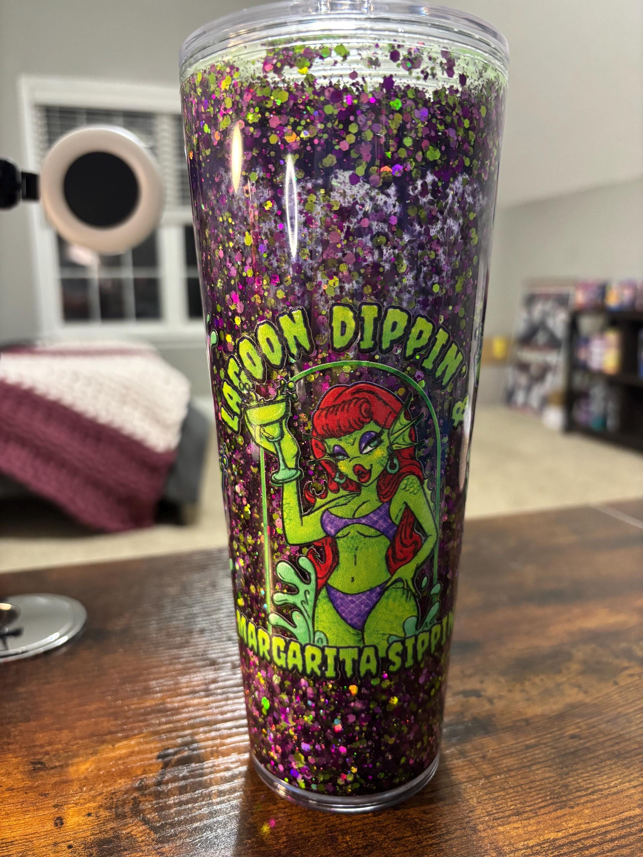 Lagoon Margarita Snow Globe Tumbler | 20oz Moonscape Glitter Cup | Tropical Cocktail Gift