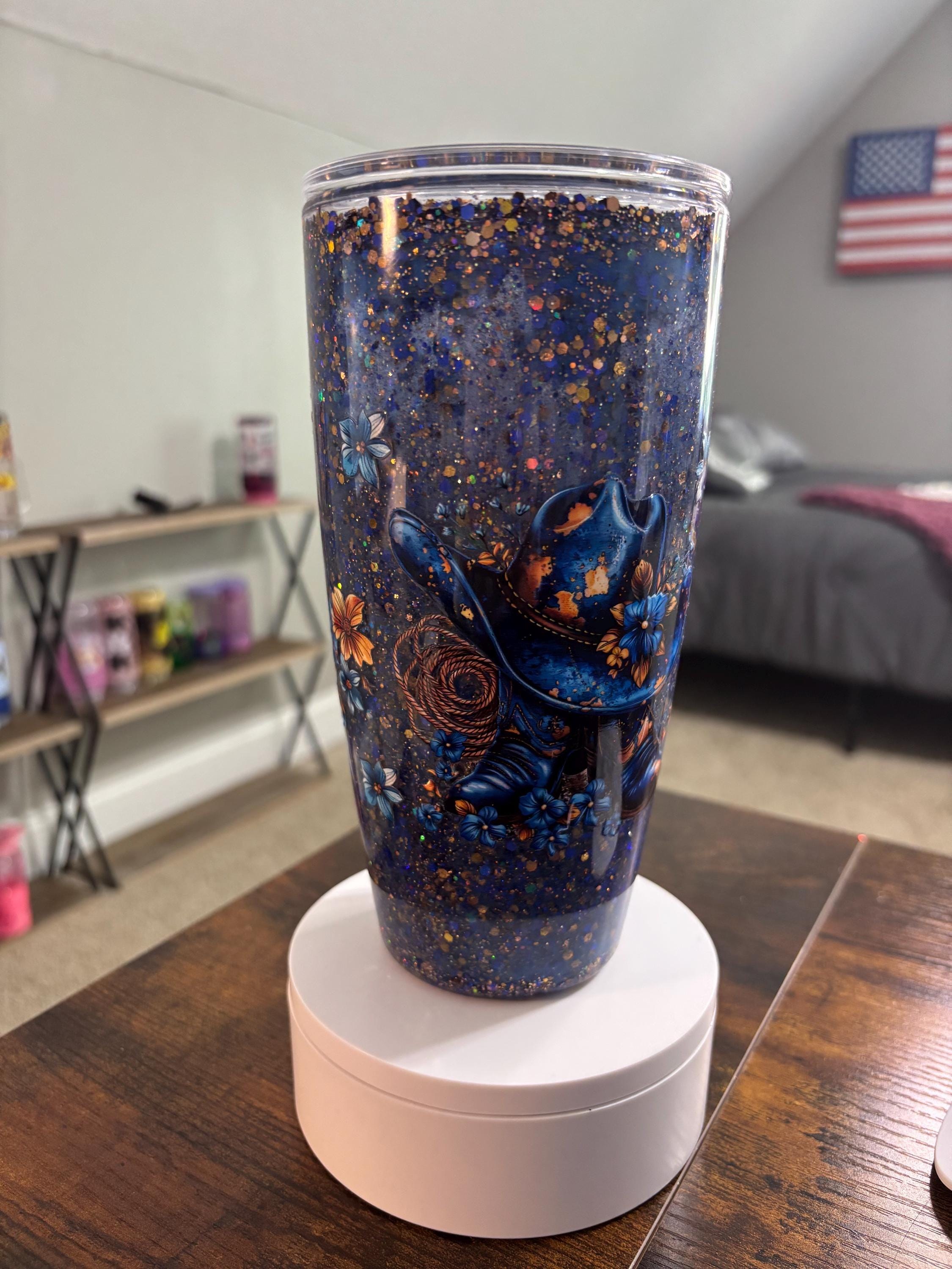 Western Fat Snow Globe Tumbler | 24oz Moonscape Cowgirl Cup | Rodeo Country Gift